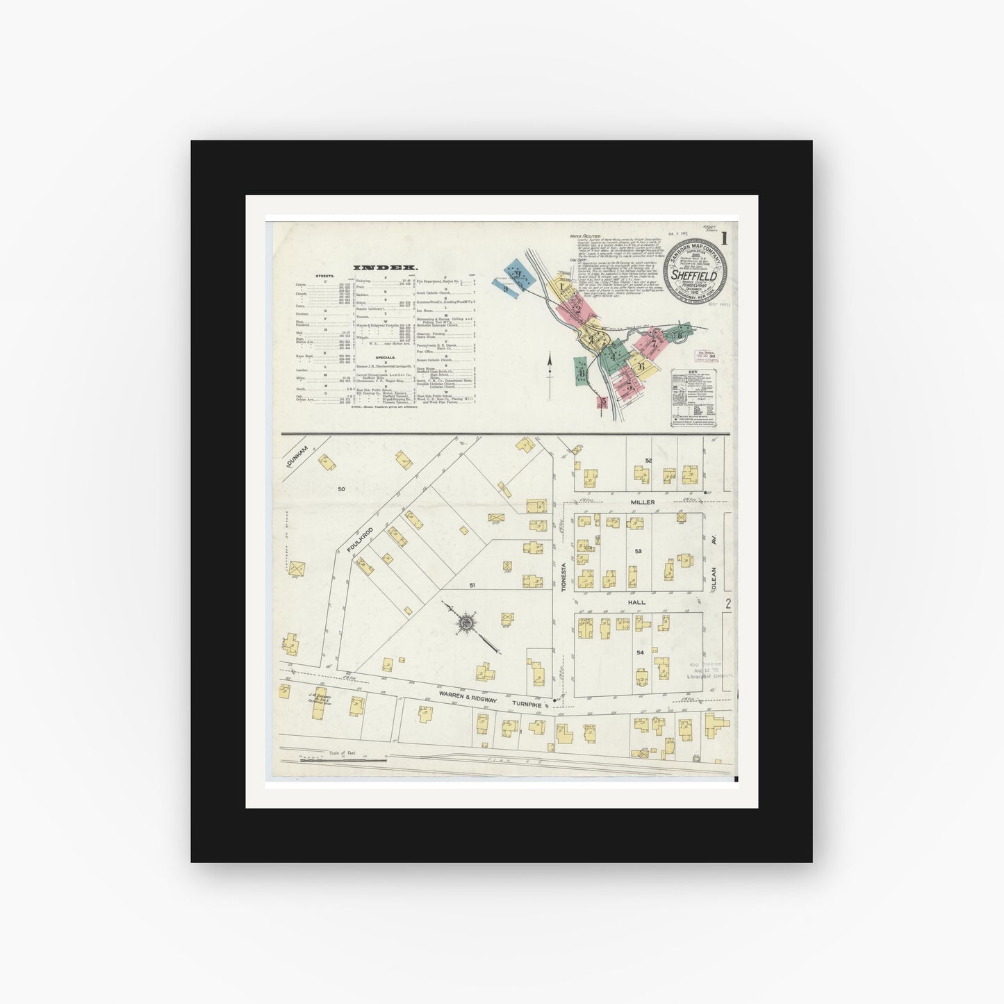 Old map wall art mockup — black gallery frame with white mat — Sanborn Fire Insurance Map from Sheffield, Warren County, Pennsylvania (1910) - Complete Map Set