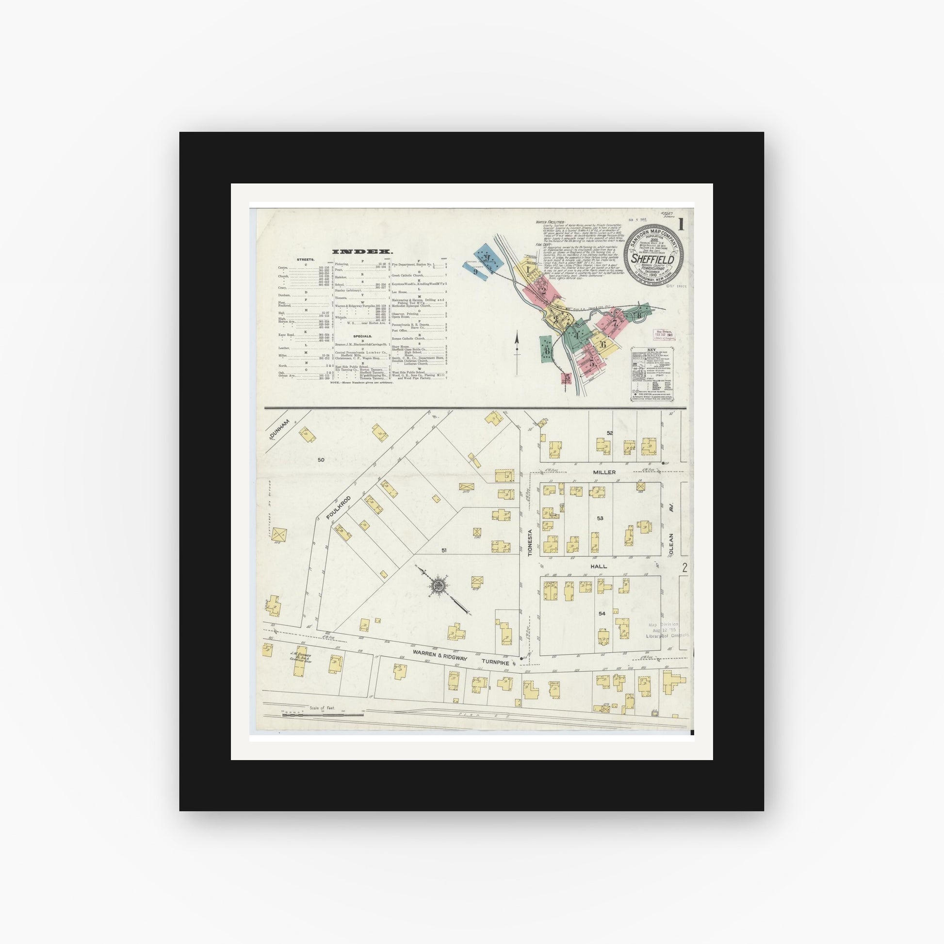 Old map wall art mockup — black gallery frame with white mat — Sanborn Fire Insurance Map from Sheffield, Warren County, Pennsylvania (1910) - Complete Map Set