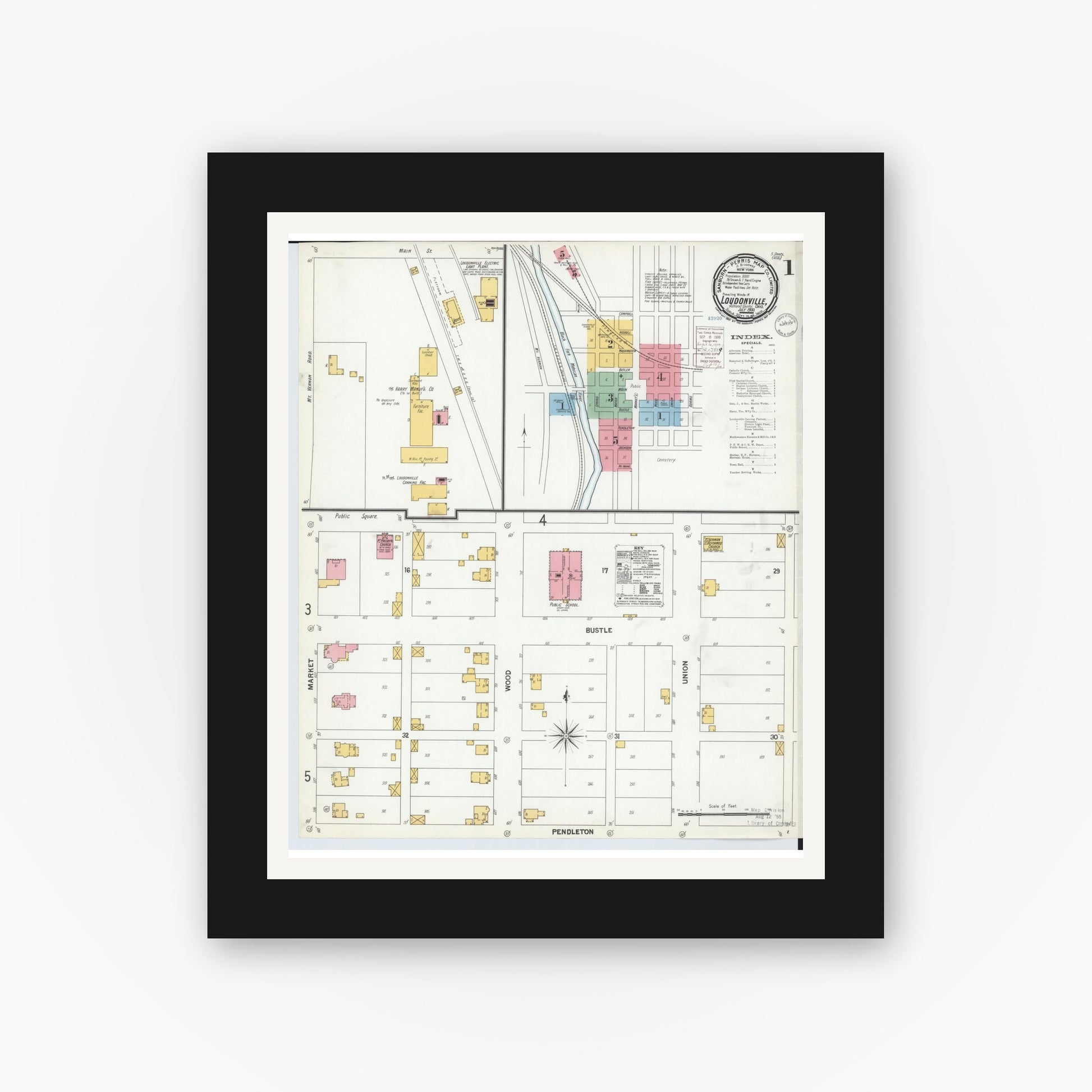 Old map wall art mockup — black gallery frame with white mat — Sanborn Fire Insurance Map from Loudonville, Ashland County, Ohio (1900) - Complete Map Set