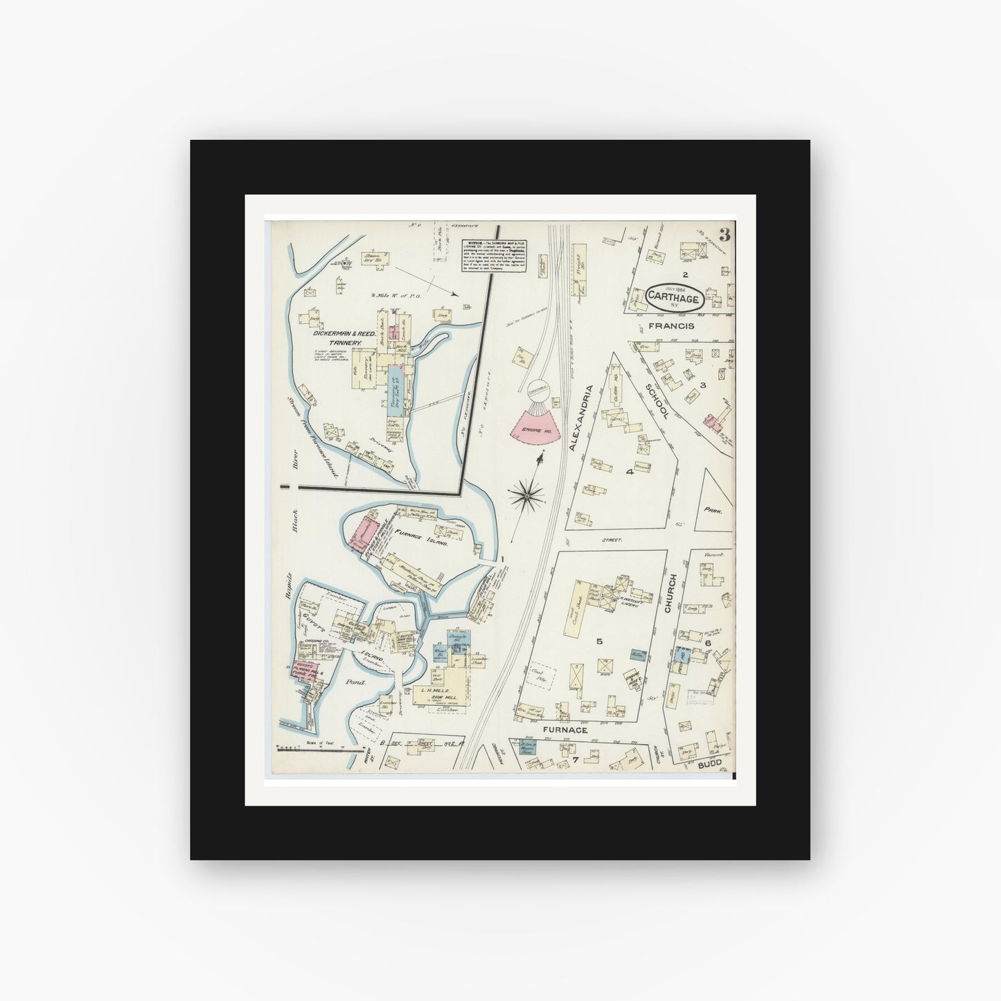 Old map wall art mockup — black gallery frame with white mat — Sanborn Fire Insurance Map from Carthage, Jefferson County, New York (1884), Sheet #0003