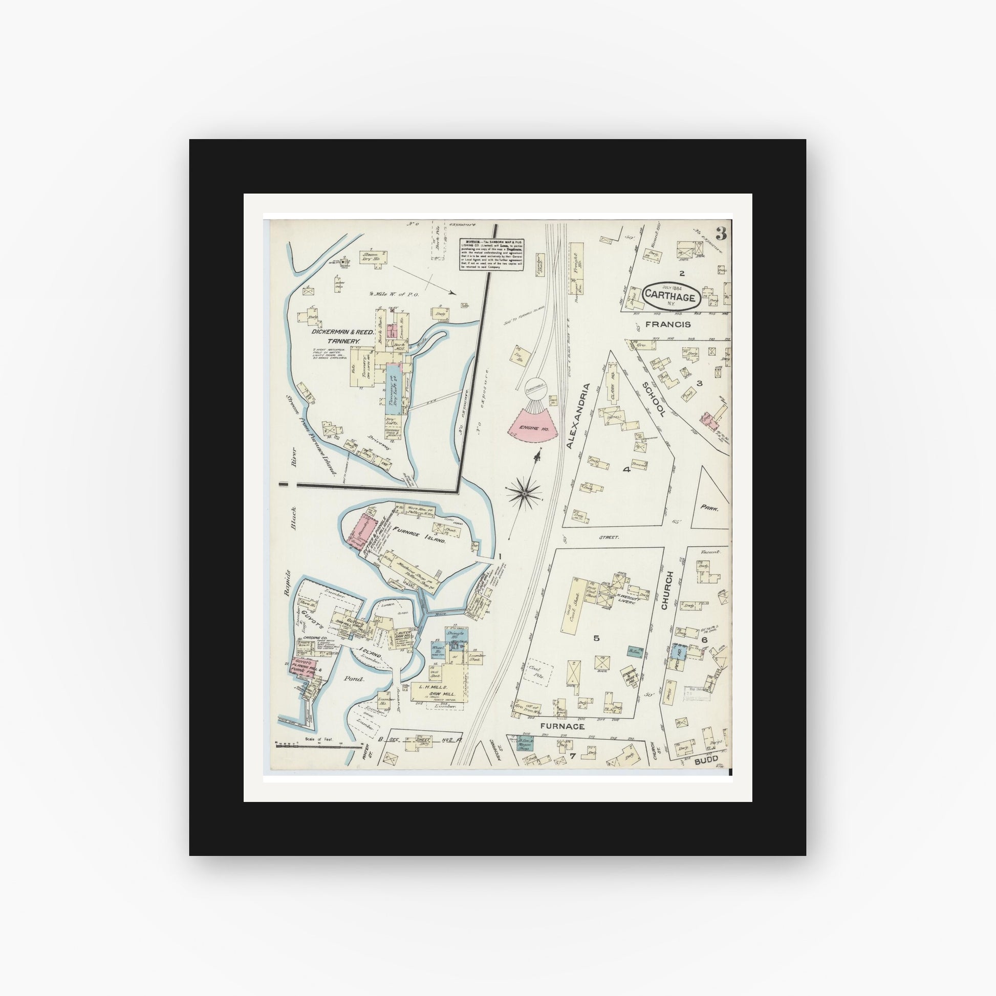 Old map wall art mockup — black gallery frame with white mat — Sanborn Fire Insurance Map from Carthage, Jefferson County, New York (1884), Sheet #0003