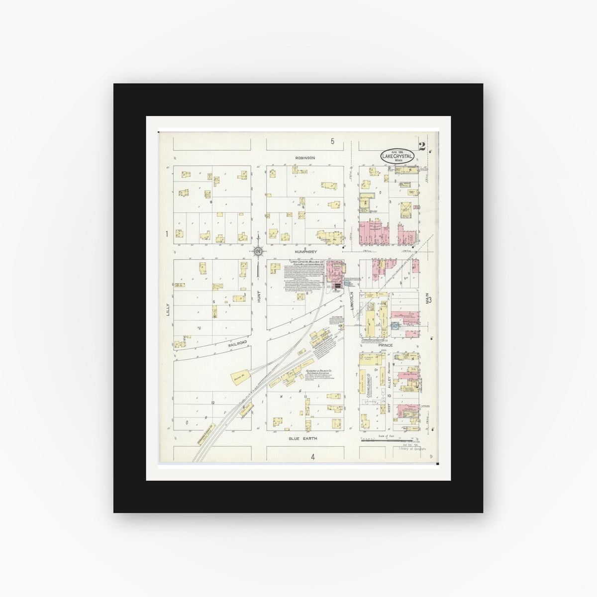 Old map wall art mockup — black gallery frame with white mat — Sanborn Fire Insurance Map from Lake Crystal, Blue Earth County, Minnesota (1914), Sheet #0002