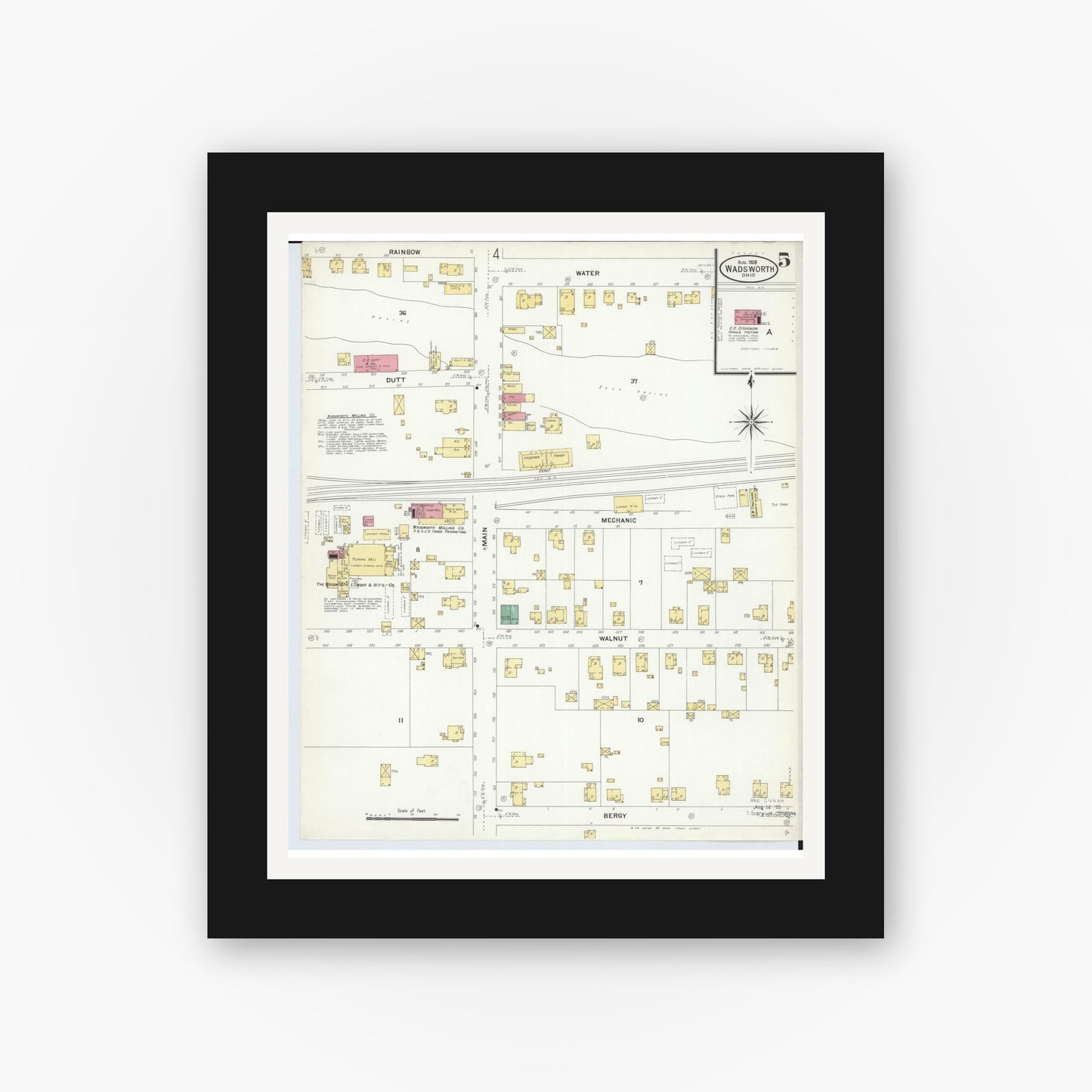 Old map wall art mockup — black gallery frame with white mat — Sanborn Fire Insurance Map from Wadsworth, Medina County, Ohio (1908), Sheet #0005