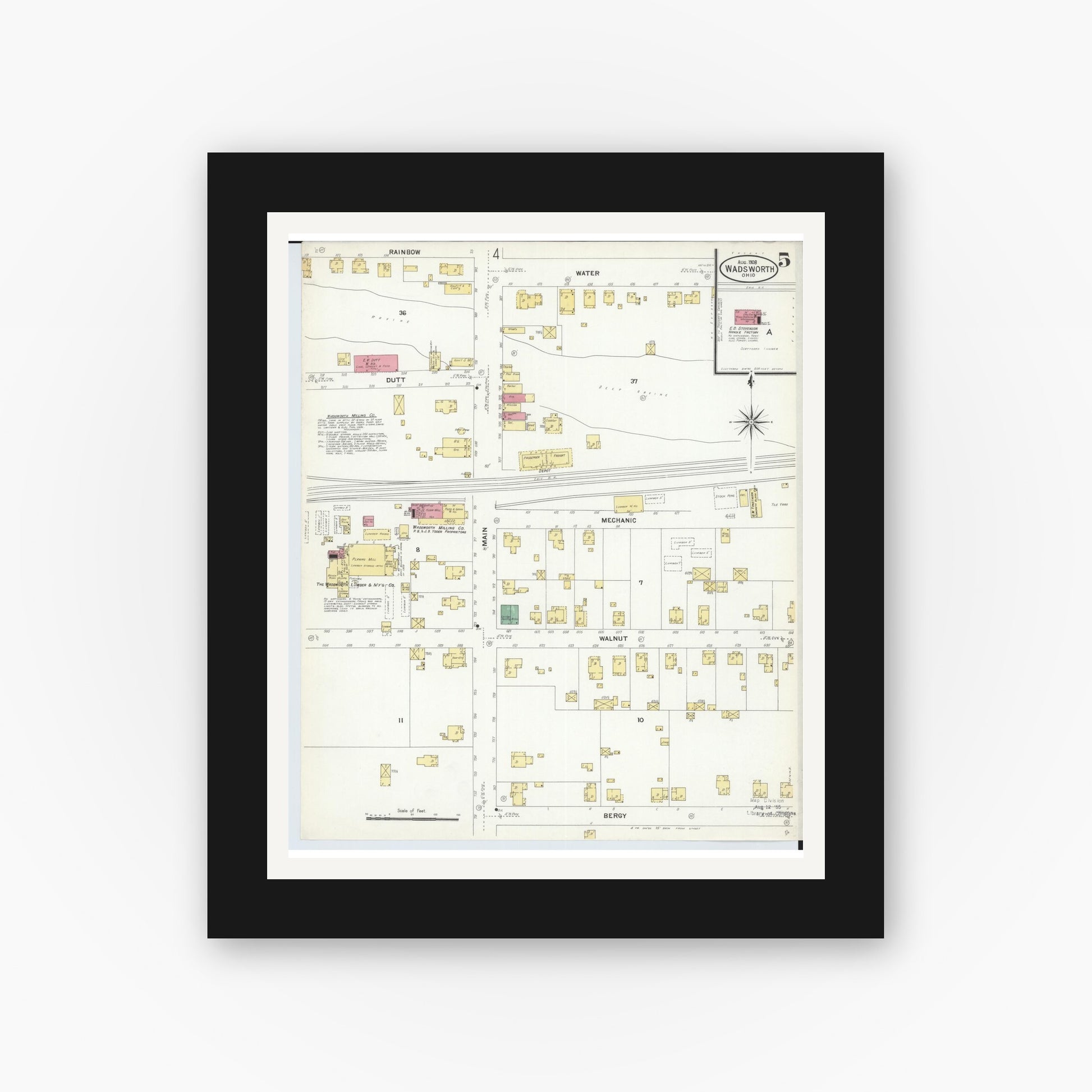 Old map wall art mockup — black gallery frame with white mat — Sanborn Fire Insurance Map from Wadsworth, Medina County, Ohio (1908), Sheet #0005