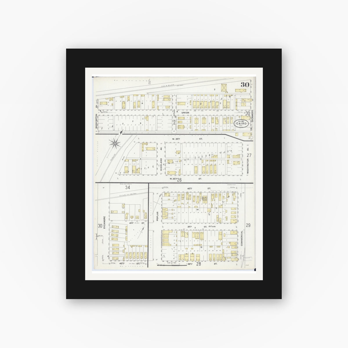 Old map wall art mockup — black gallery frame with white mat — Sanborn Fire Insurance Map from Cairo, Alexander County, Illinois (1907), Sheet #0030