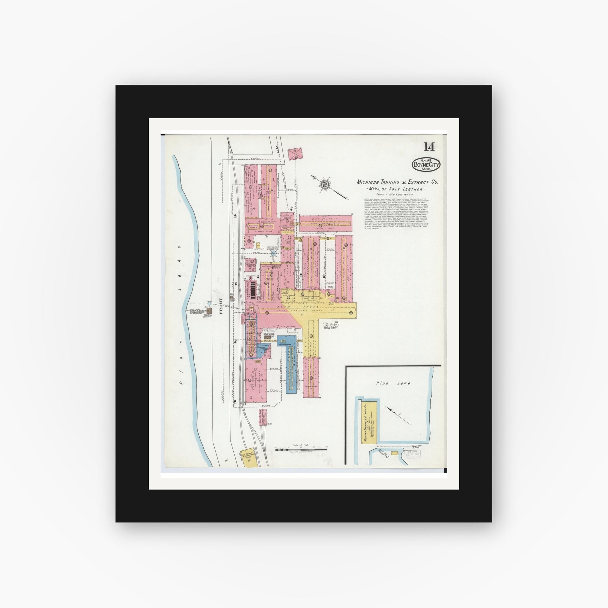Old map wall art mockup — black gallery frame with white mat — Sanborn Fire Insurance Map from Boyne City, Charlevoix County, Michigan (1919), Sheet #0014