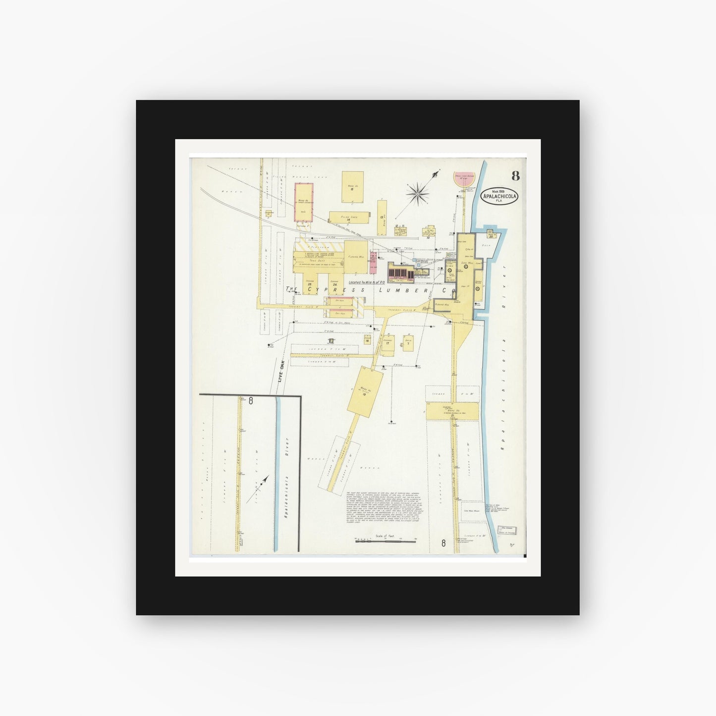 Old map wall art mockup — black gallery frame with white mat — Sanborn Fire Insurance Map from Apalachicola, Franklin County, Florida (1909), Sheet #0008