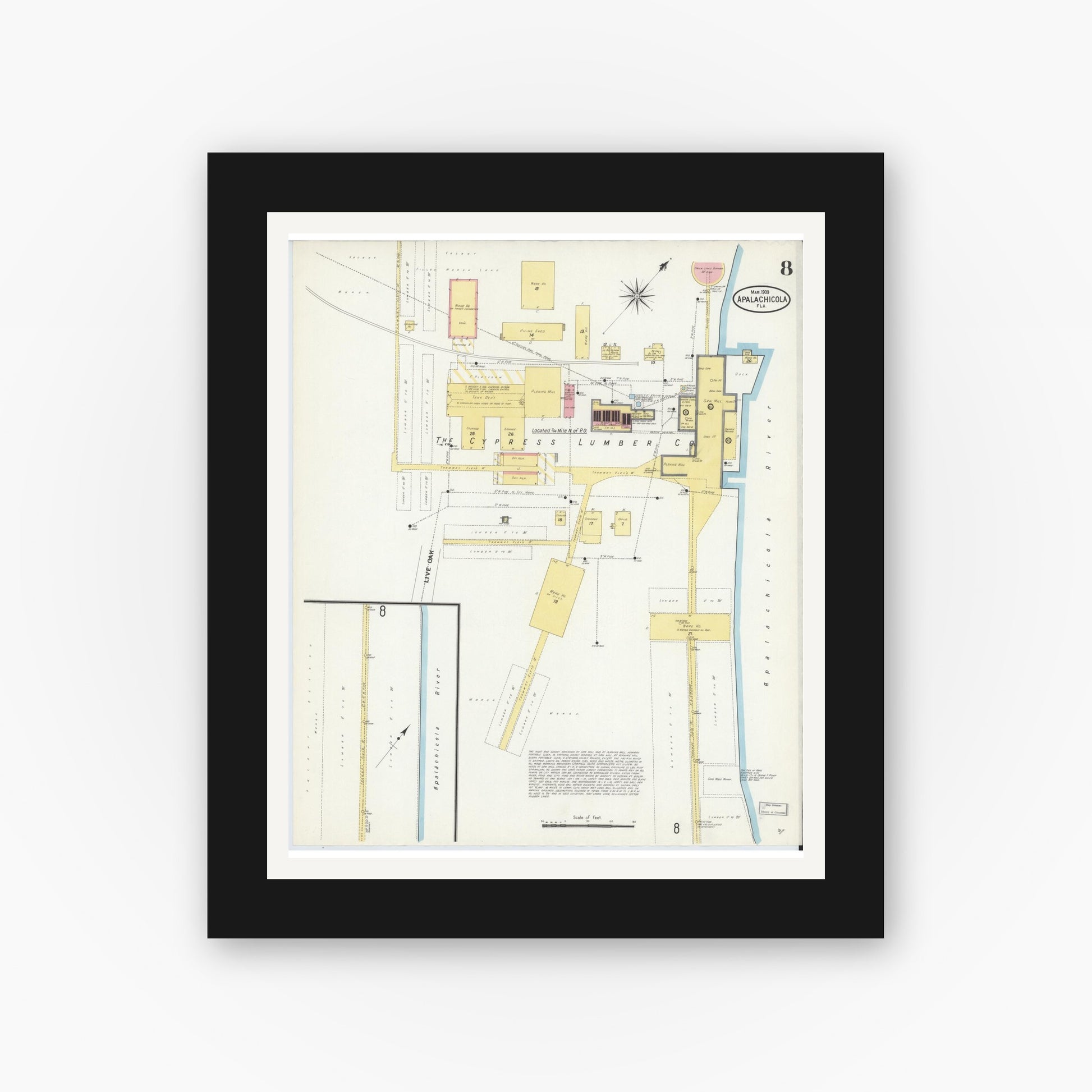 Old map wall art mockup — black gallery frame with white mat — Sanborn Fire Insurance Map from Apalachicola, Franklin County, Florida (1909), Sheet #0008