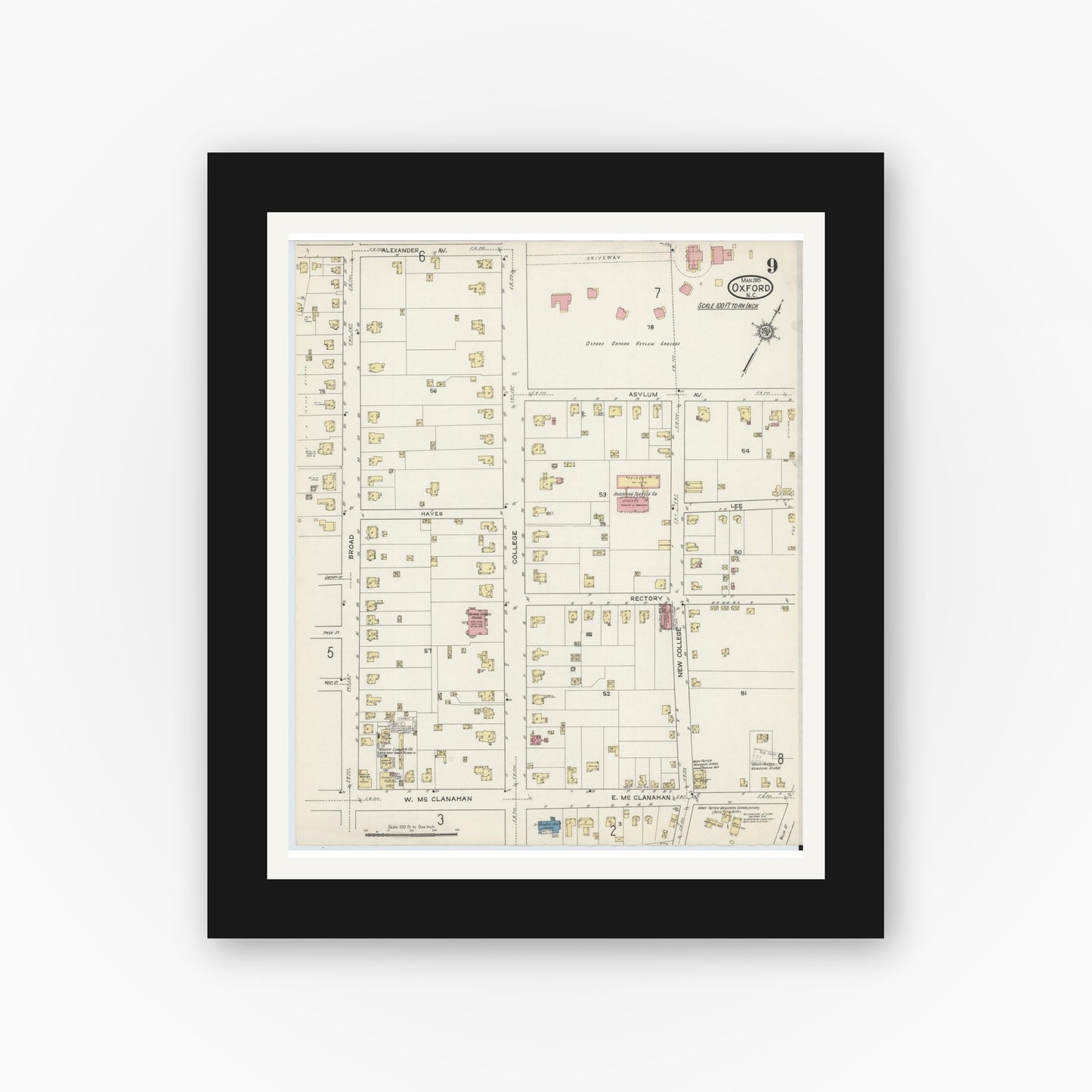 Old map wall art mockup — black gallery frame with white mat — Sanborn Fire Insurance Map from Oxford, Granville County, North Carolina (1915), Sheet #0009
