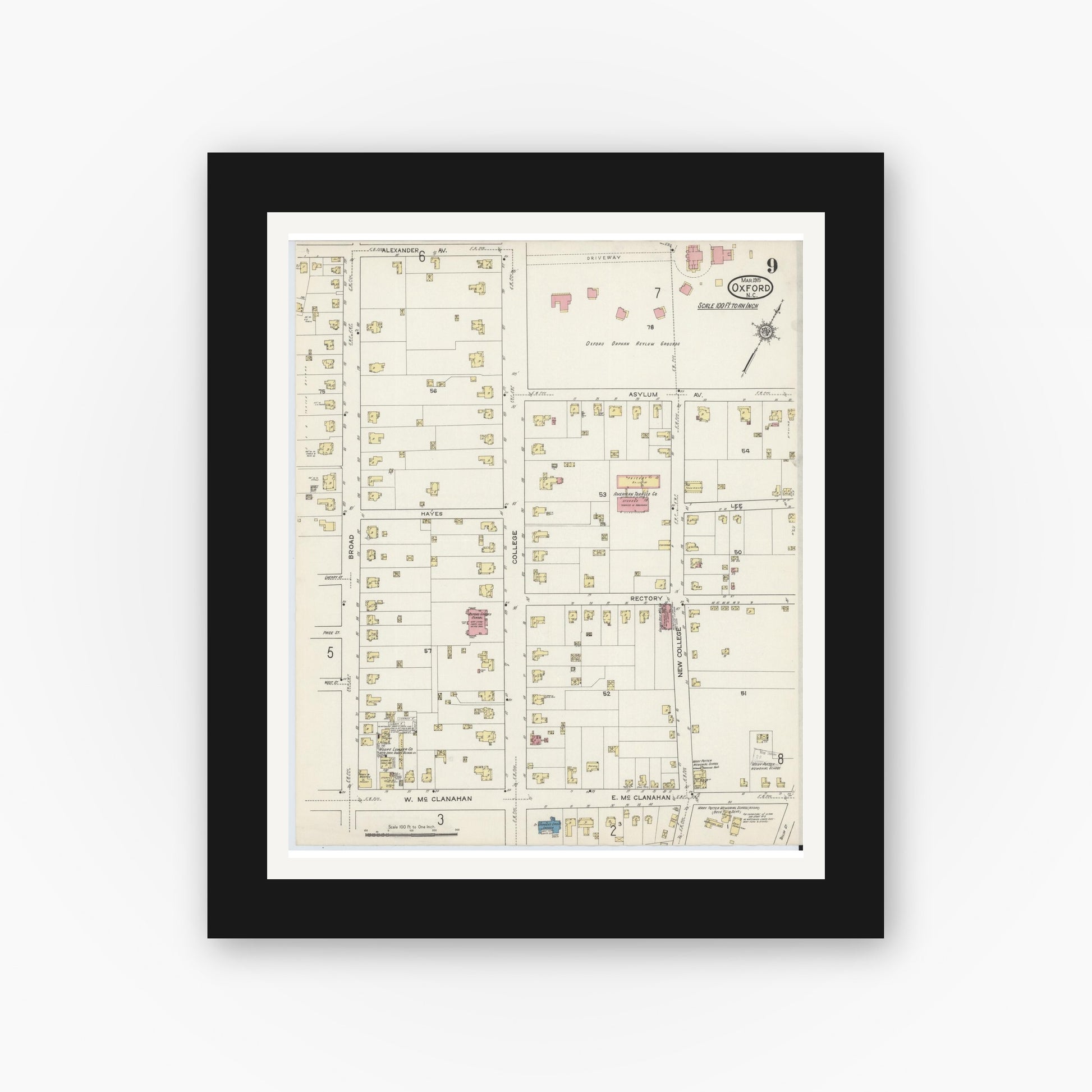 Old map wall art mockup — black gallery frame with white mat — Sanborn Fire Insurance Map from Oxford, Granville County, North Carolina (1915), Sheet #0009