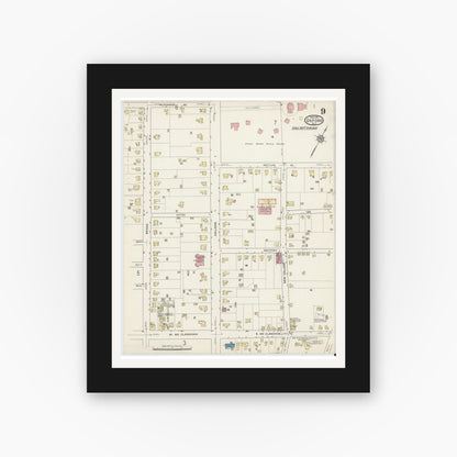 Old map wall art mockup — black gallery frame with white mat — Sanborn Fire Insurance Map from Oxford, Granville County, North Carolina (1915), Sheet #0009
