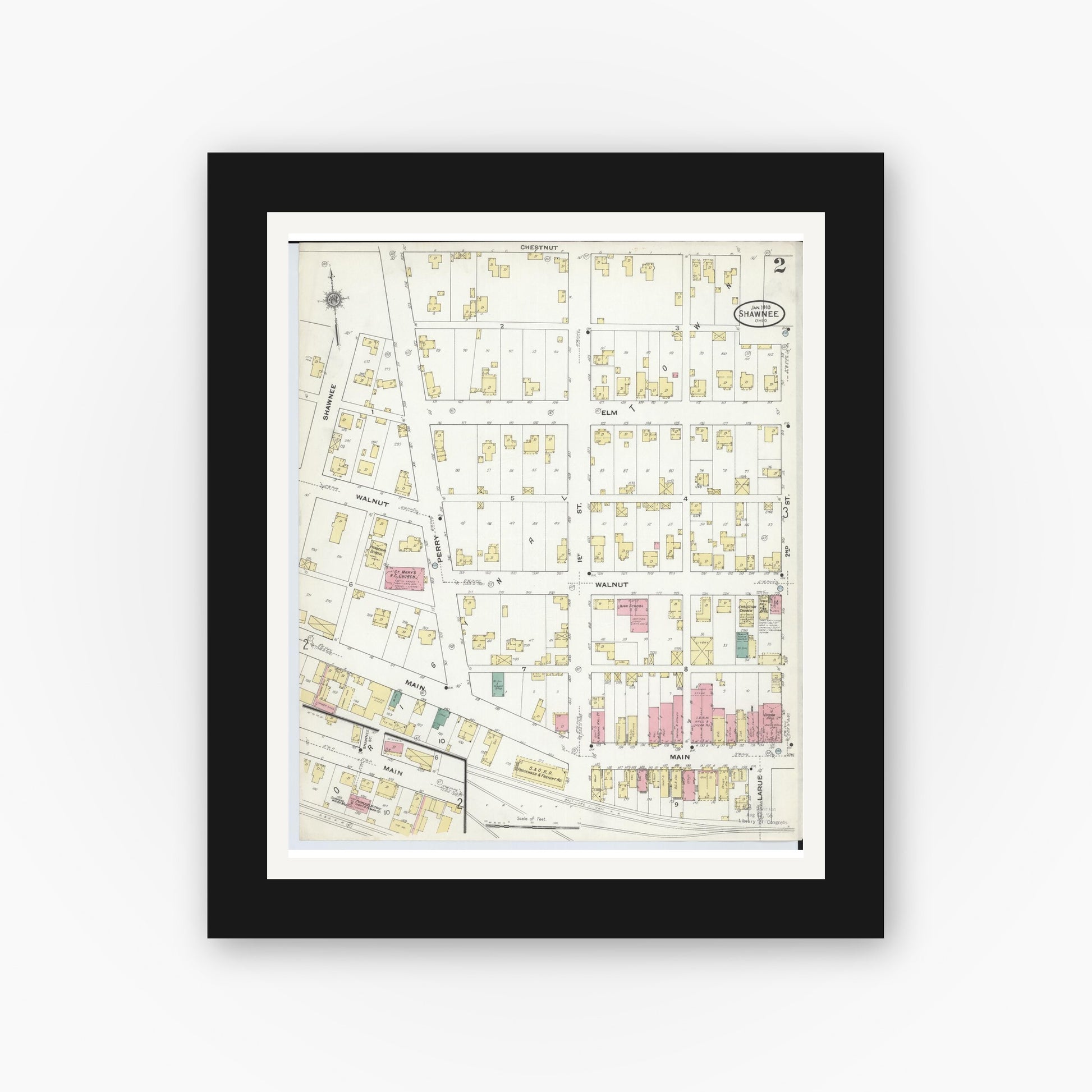 Old map wall art mockup — black gallery frame with white mat — Sanborn Fire Insurance Map from Shawnee, Perry County, Ohio (1910), Sheet #0002