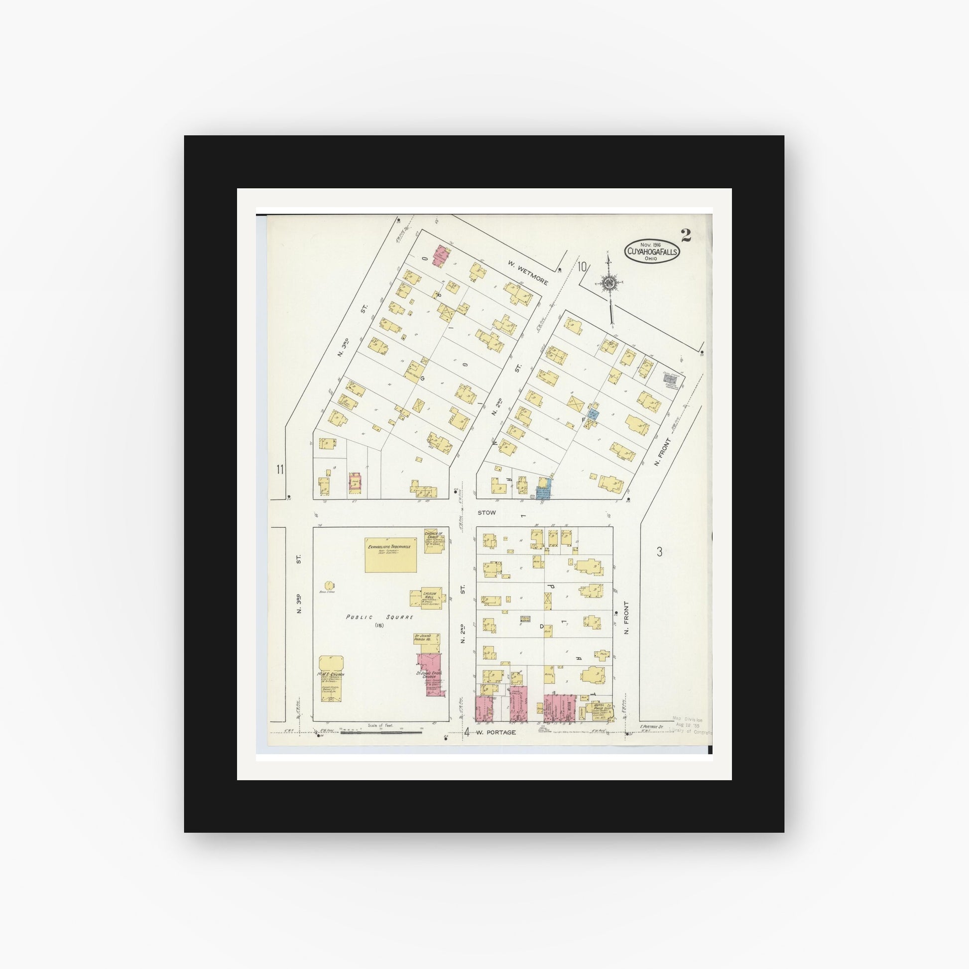 Old map wall art mockup — black gallery frame with white mat — Sanborn Fire Insurance Map from Cuyahoga Falls, Summit County, Ohio (1916), Sheet #0002