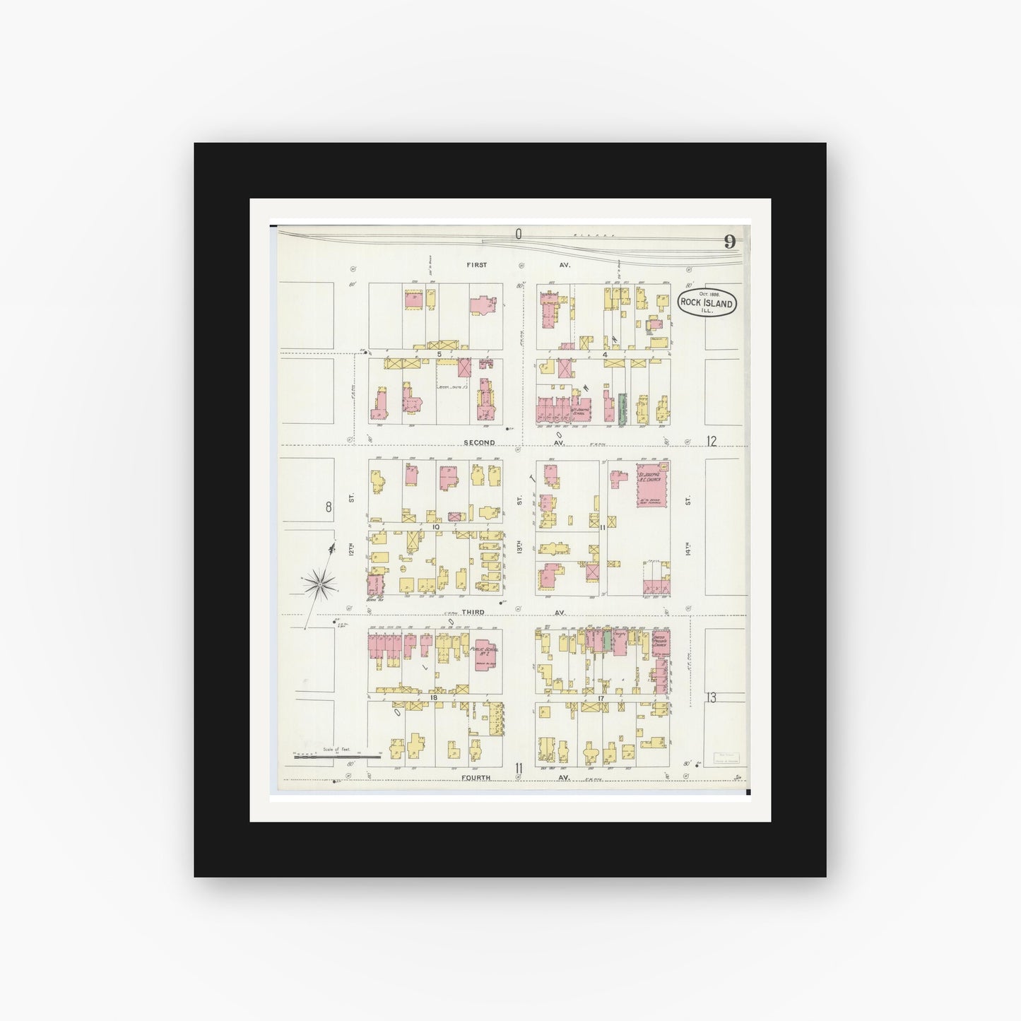Old map wall art mockup — black gallery frame with white mat — Sanborn Fire Insurance Map from Rock Island, Rock Island County, Illinois (1898), Sheet #0009