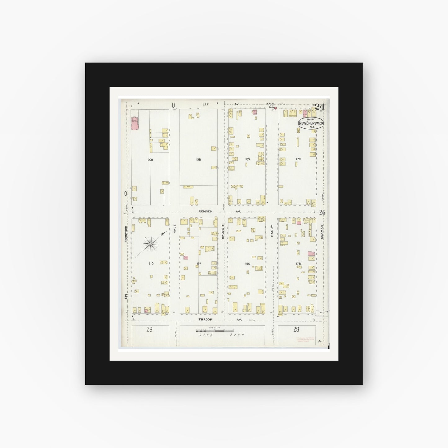 Old map wall art mockup — black gallery frame with white mat — Sanborn Fire Insurance Map from New Brunswick, Middlesex County, New Jersey (1897), Sheet #0024
