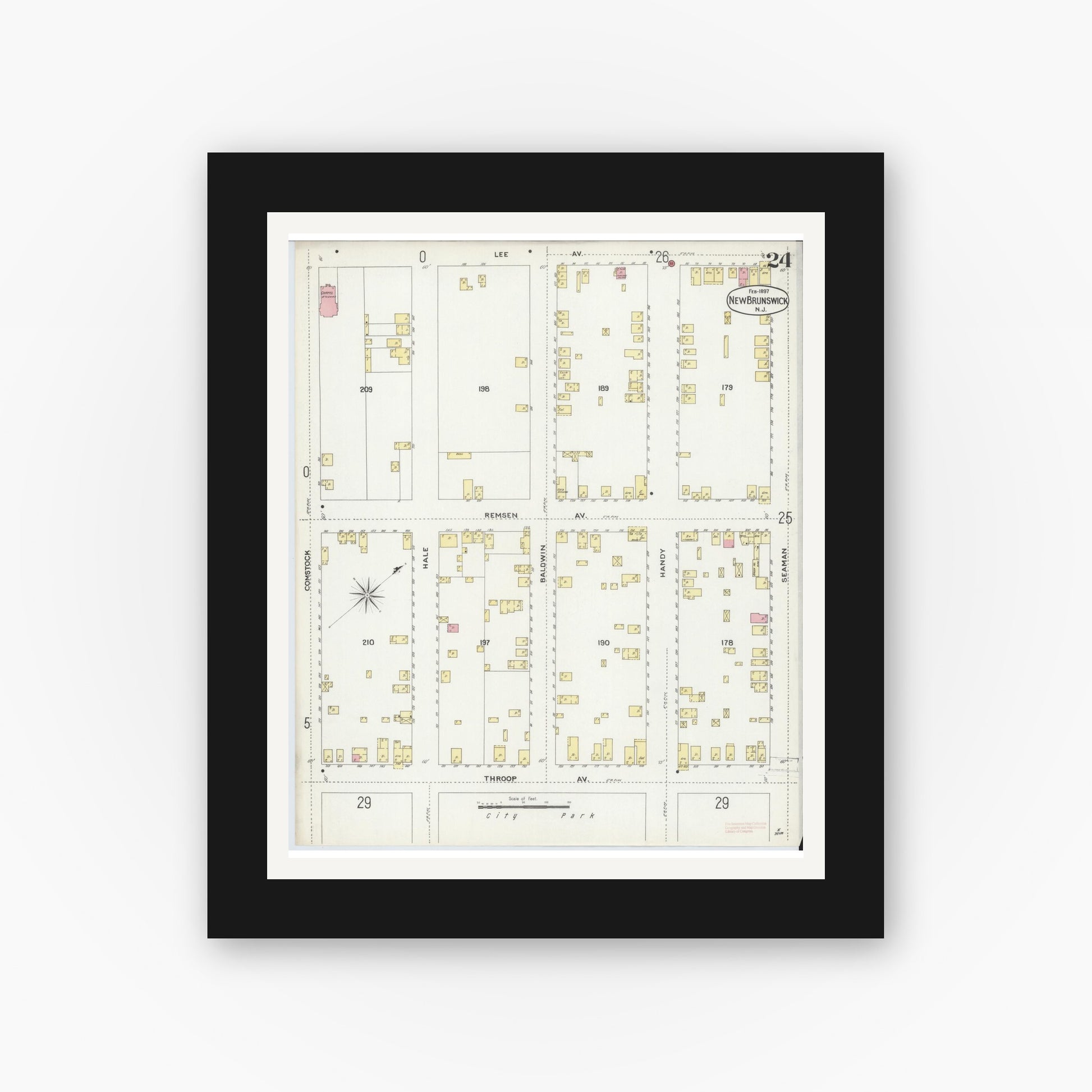 Old map wall art mockup — black gallery frame with white mat — Sanborn Fire Insurance Map from New Brunswick, Middlesex County, New Jersey (1897), Sheet #0024