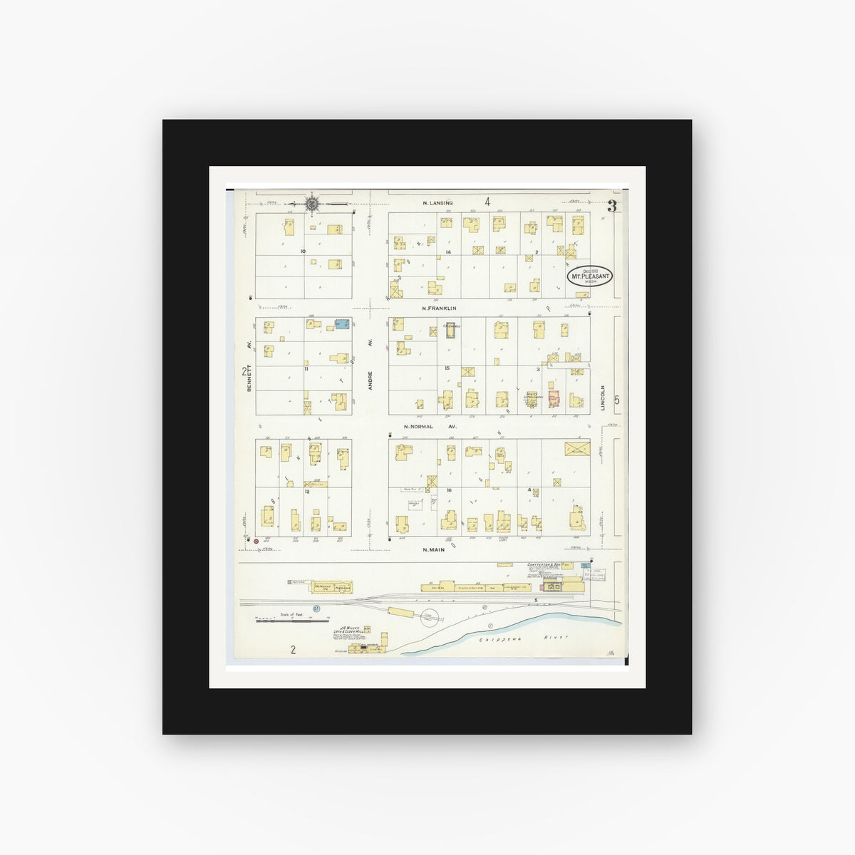 Old map wall art mockup — black gallery frame with white mat — Sanborn Fire Insurance Map from Mount Pleasant, Isabella County, Michigan (1910), Sheet #0003