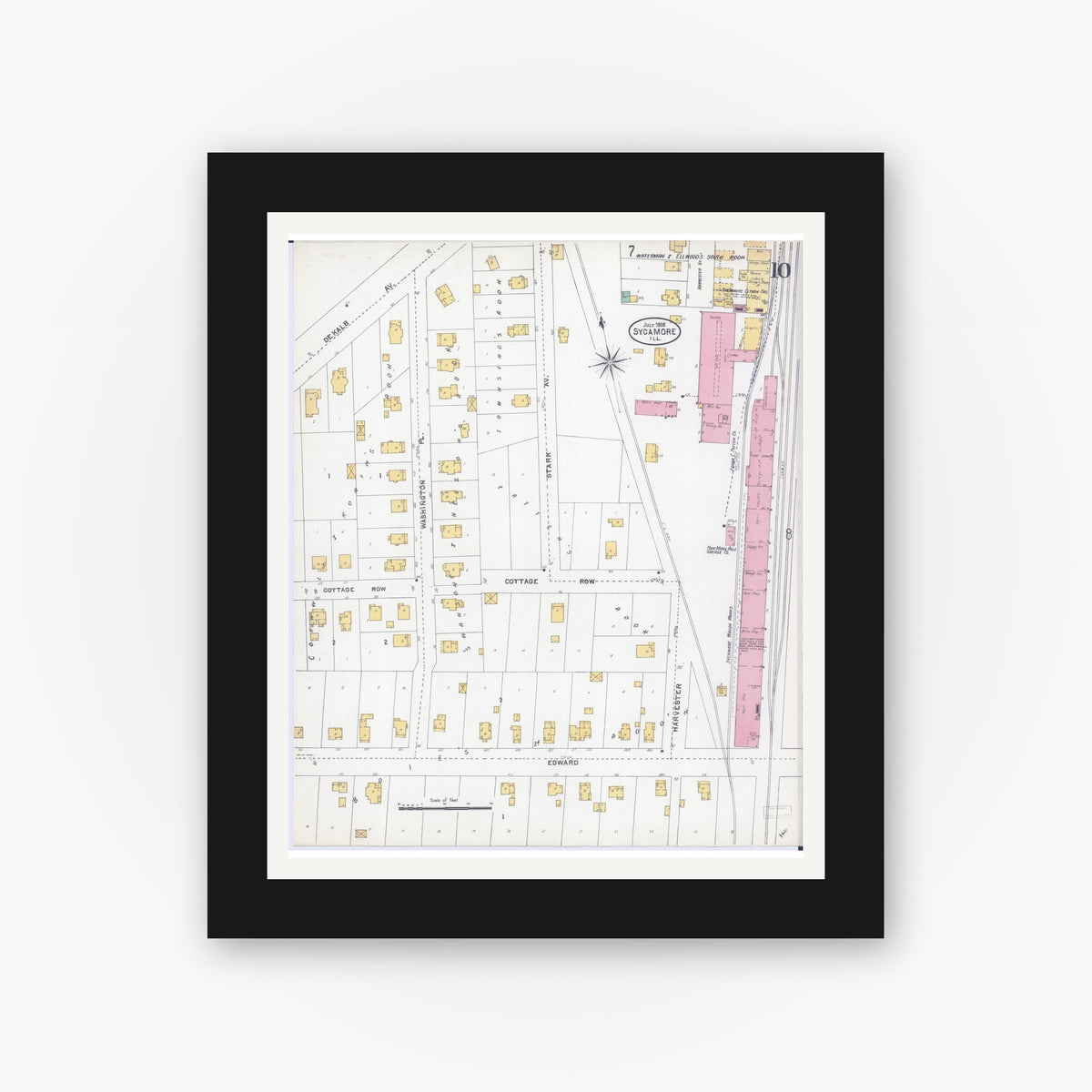 Old map wall art mockup — black gallery frame with white mat — Sanborn Fire Insurance Map from Sycamore, De Kalb County, Illinois (1905), Sheet #0010
