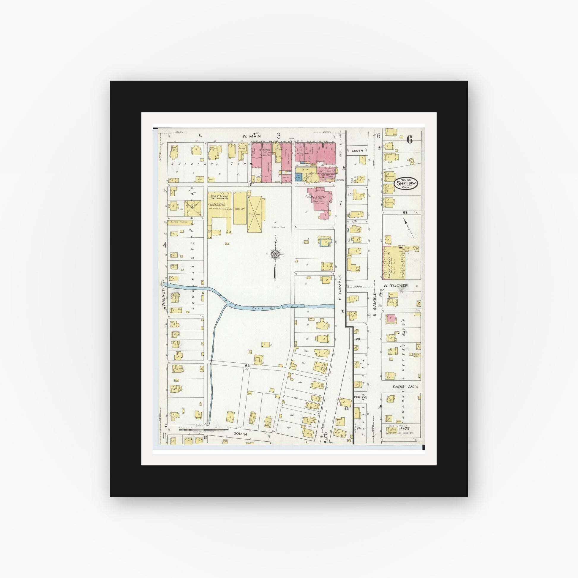 Old map wall art mockup — black gallery frame with white mat — Sanborn Fire Insurance Map from Shelby, Richland County, Ohio (1919), Sheet #0006