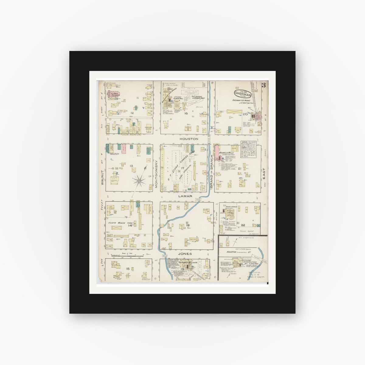 Old map wall art mockup — black gallery frame with white mat — Sanborn Fire Insurance Map from Sherman, Grayson County, Texas (1885), Sheet #0003