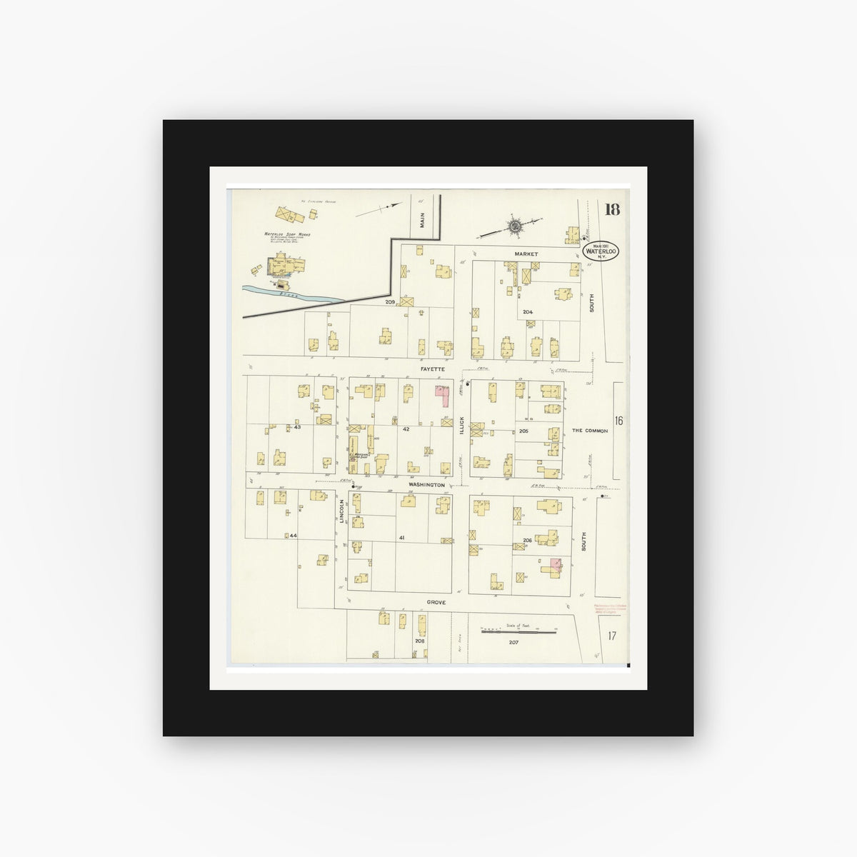Old map wall art mockup — black gallery frame with white mat — Sanborn Fire Insurance Map from Waterloo, Seneca County, New York (1911), Sheet #0018