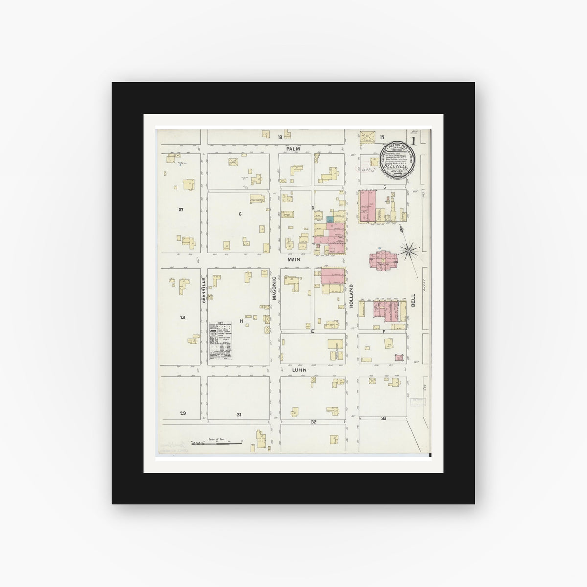 Old map wall art mockup — black gallery frame with white mat — Sanborn Fire Insurance Map from Bellville, Austin County, Texas (1891) - Complete Map Set