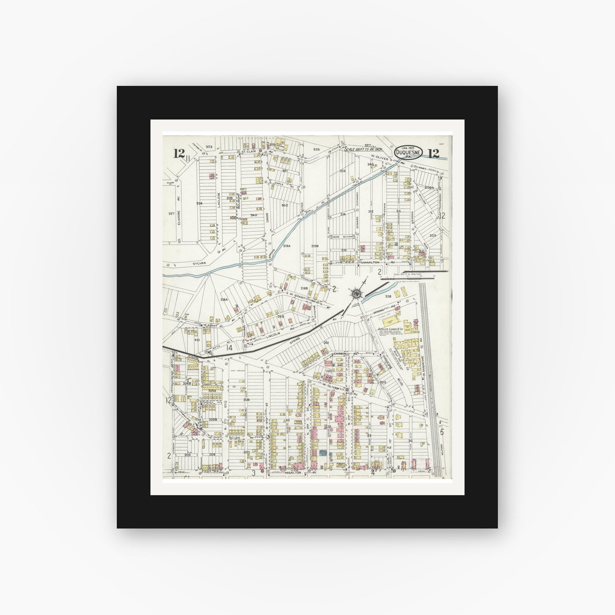 Old map wall art mockup — black gallery frame with white mat — Sanborn Fire Insurance Map from Duquesne, Allegheny County, Pennsylvania (1925), Sheet #0012