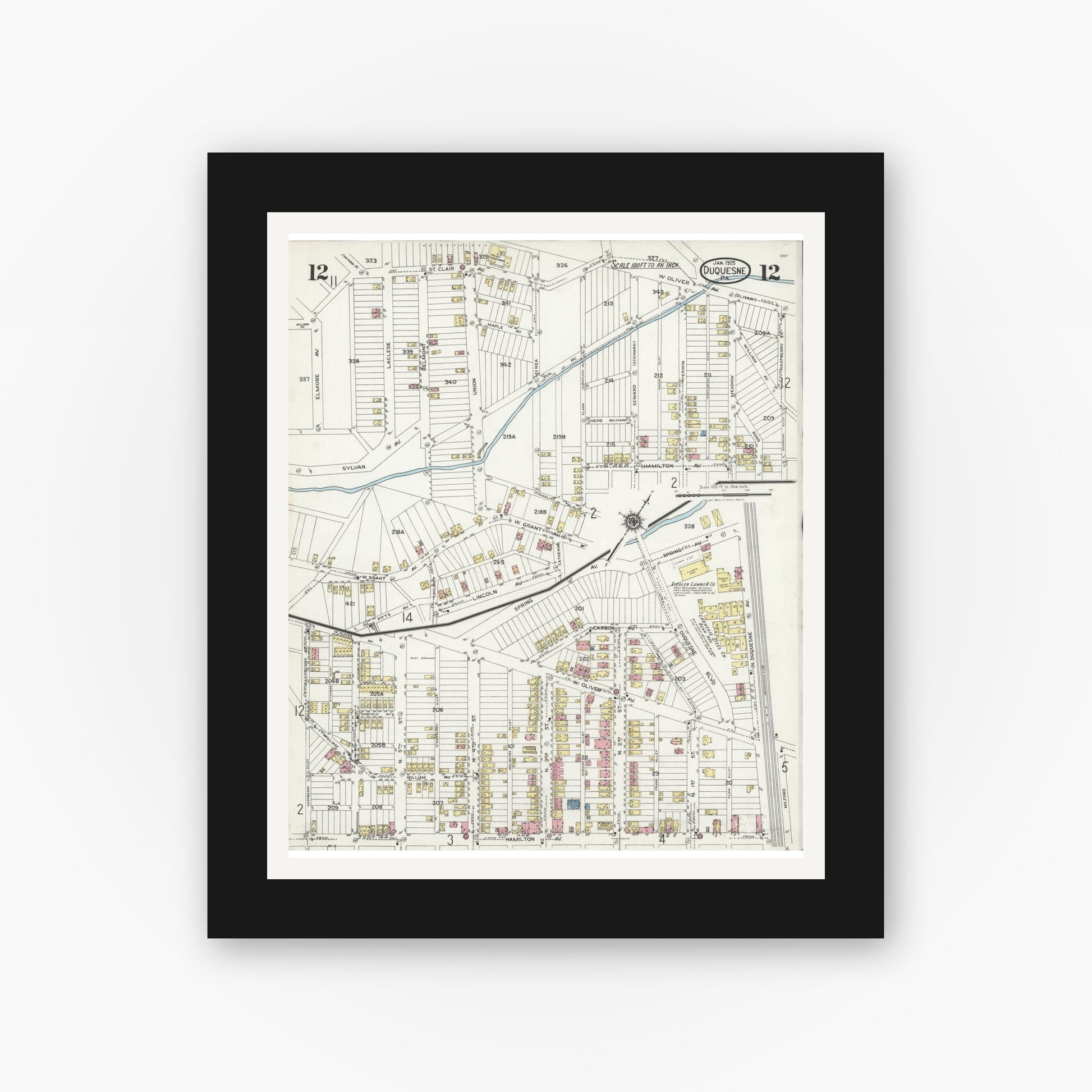 Old map wall art mockup — black gallery frame with white mat — Sanborn Fire Insurance Map from Duquesne, Allegheny County, Pennsylvania (1925), Sheet #0012