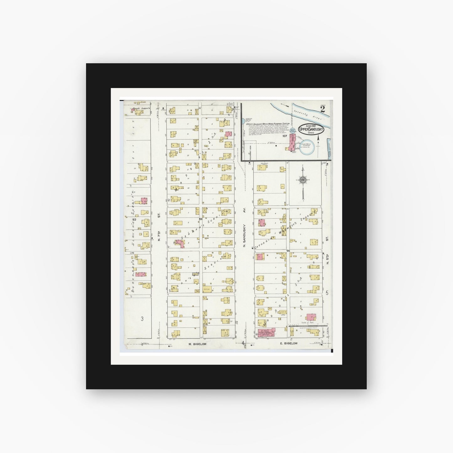 Old map wall art mockup — black gallery frame with white mat — Sanborn Fire Insurance Map from Upper Sandusky, Wyandot County, Ohio (1921), Sheet #0002
