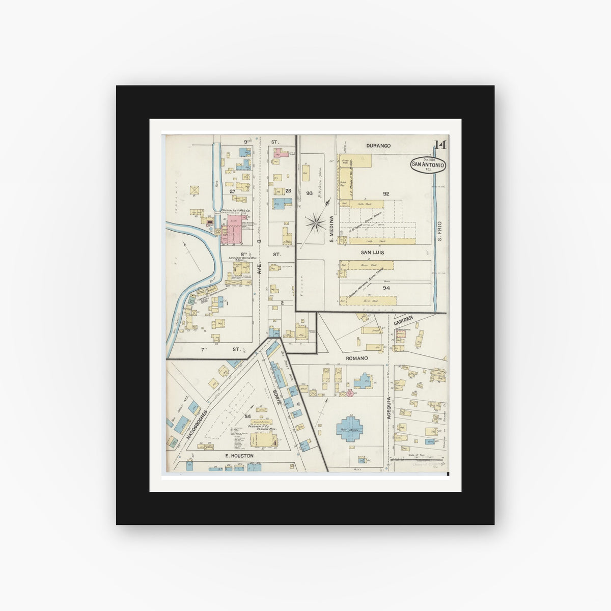 Old map wall art mockup — black gallery frame with white mat — Sanborn Fire Insurance Map from San Antonio, Bexar County, Texas (1888), Sheet #0014
