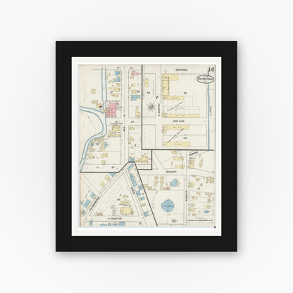 Old map wall art mockup — black gallery frame with white mat — Sanborn Fire Insurance Map from San Antonio, Bexar County, Texas (1888), Sheet #0014