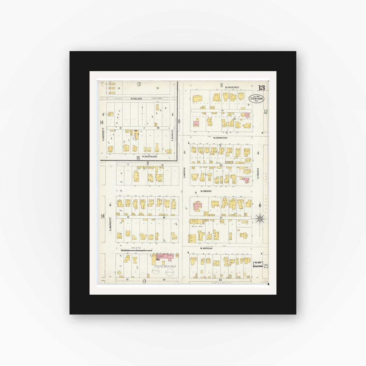 Old map wall art mockup — black gallery frame with white mat — Sanborn Fire Insurance Map from Denison, Grayson County, Texas (1903), Sheet #0013