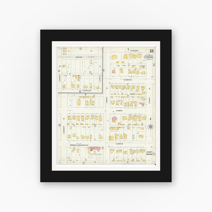 Old map wall art mockup — black gallery frame with white mat — Sanborn Fire Insurance Map from Denison, Grayson County, Texas (1903), Sheet #0013