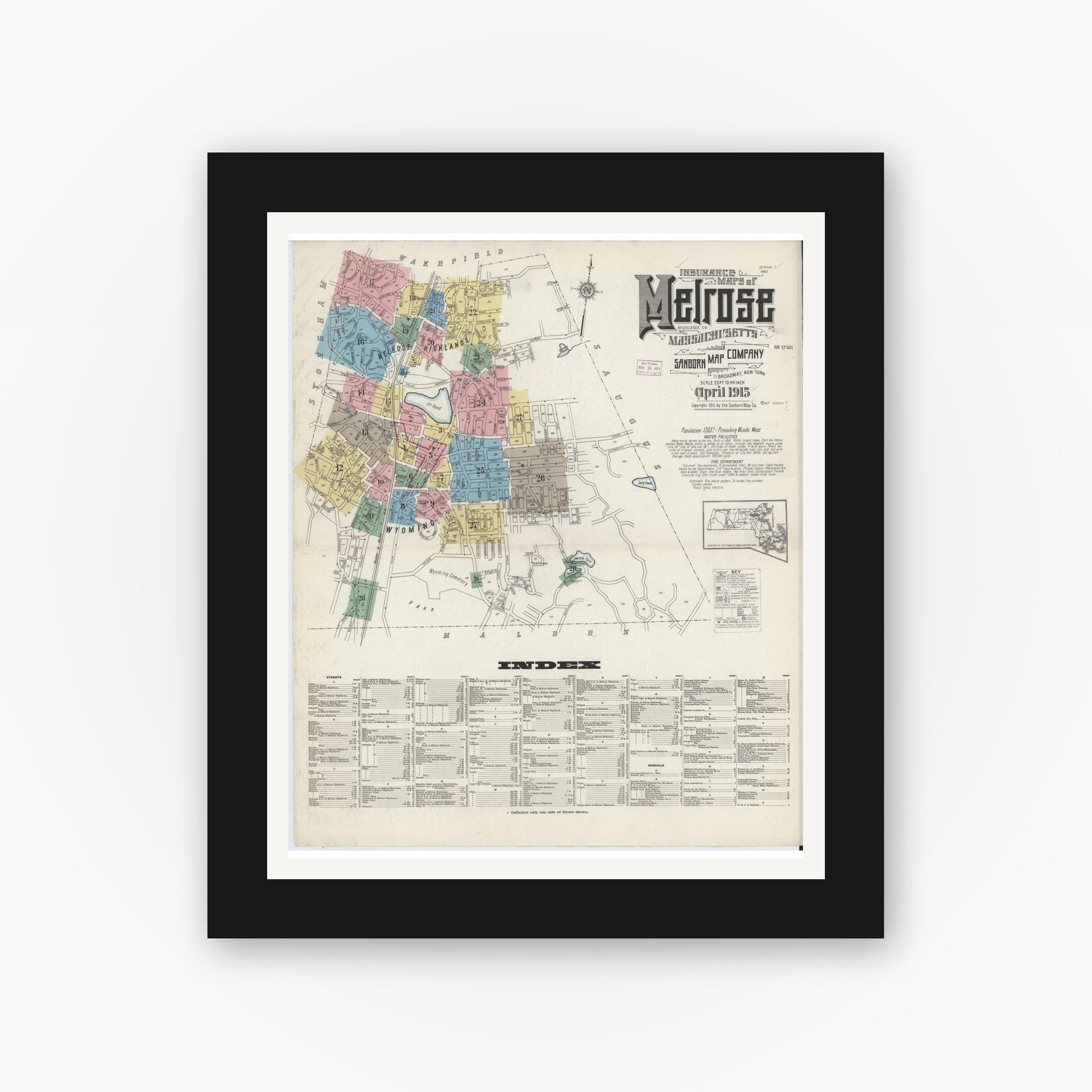 Old map wall art mockup — black gallery frame with white mat — Sanborn Fire Insurance Map from Melrose, Middlesex County, Massachusetts (1915), Sheet #0001