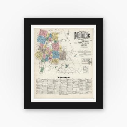 Old map wall art mockup — black gallery frame with white mat — Sanborn Fire Insurance Map from Melrose, Middlesex County, Massachusetts (1915), Sheet #0001