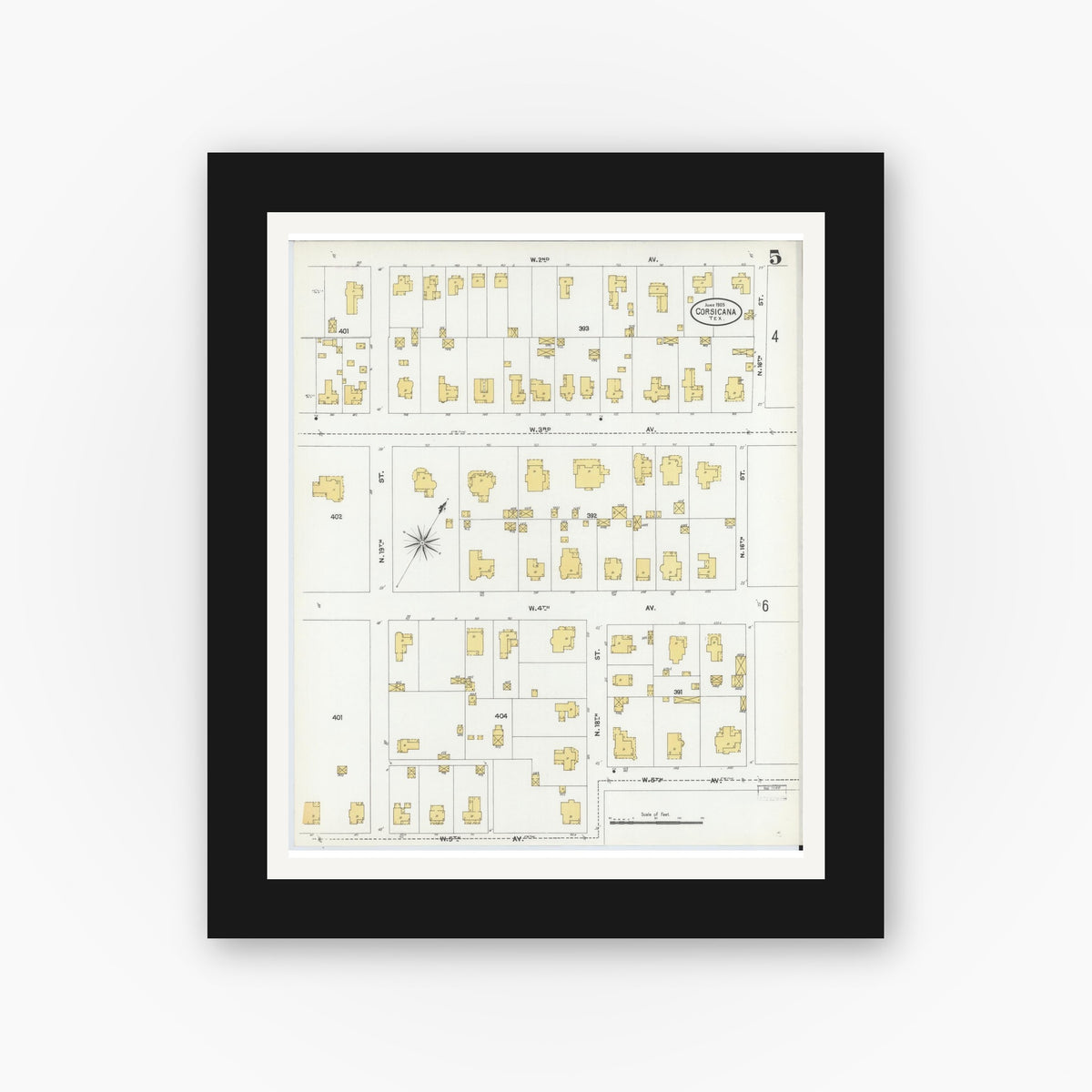 Old map wall art mockup — black gallery frame with white mat — Sanborn Fire Insurance Map from Corsicana, Navarro County, Texas (1905), Sheet #0005