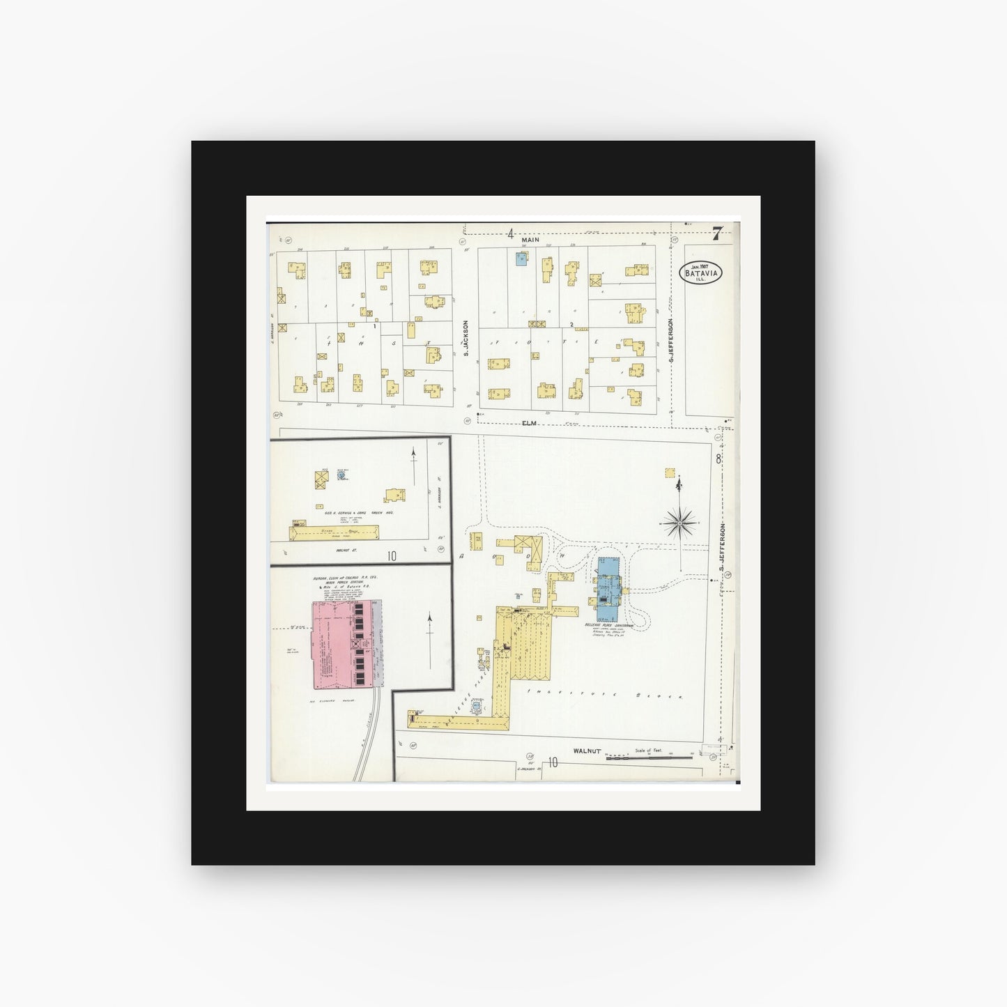 Old map wall art mockup — black gallery frame with white mat — Sanborn Fire Insurance Map from Batavia, Kane County, Illinois (1907), Sheet #0007