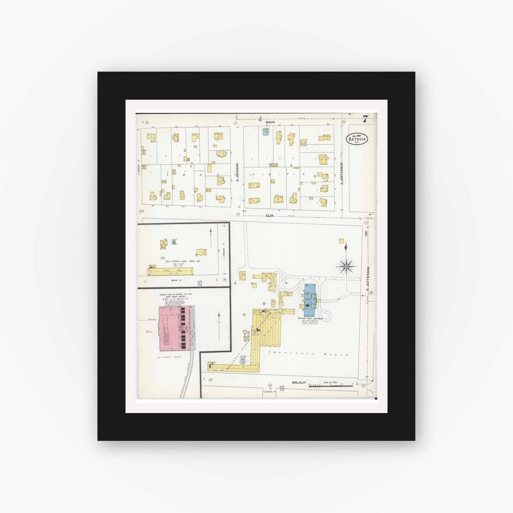 Old map wall art mockup — black gallery frame with white mat — Sanborn Fire Insurance Map from Batavia, Kane County, Illinois (1907), Sheet #0007
