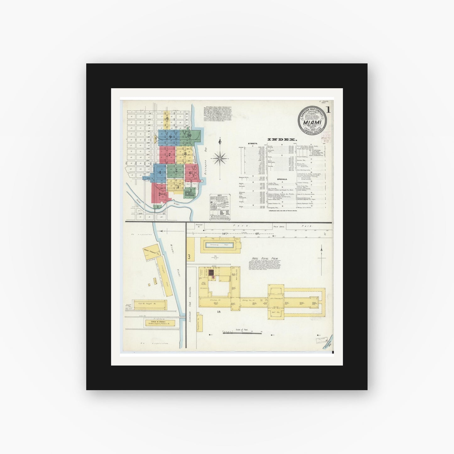 Old map wall art mockup — black gallery frame with white mat — Sanborn Fire Insurance Map from Miami, Dade County, Florida (1903), Sheet #0001