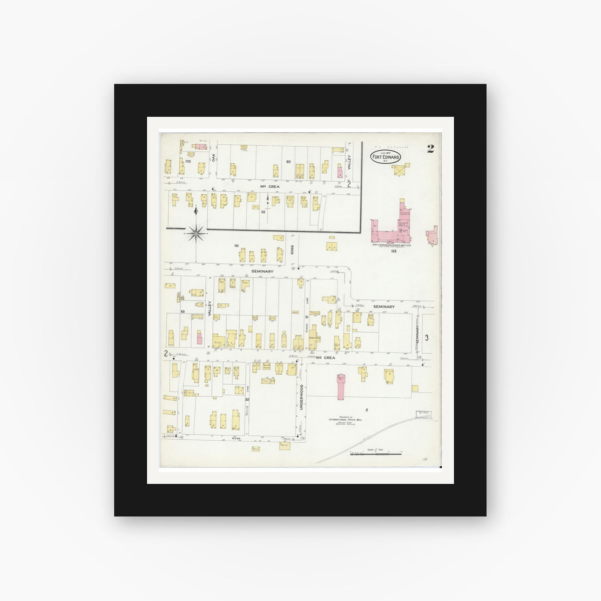 Old map wall art mockup — black gallery frame with white mat — Sanborn Fire Insurance Map from Fort Edward, Washington County, New York (1909) - Complete Map Set
