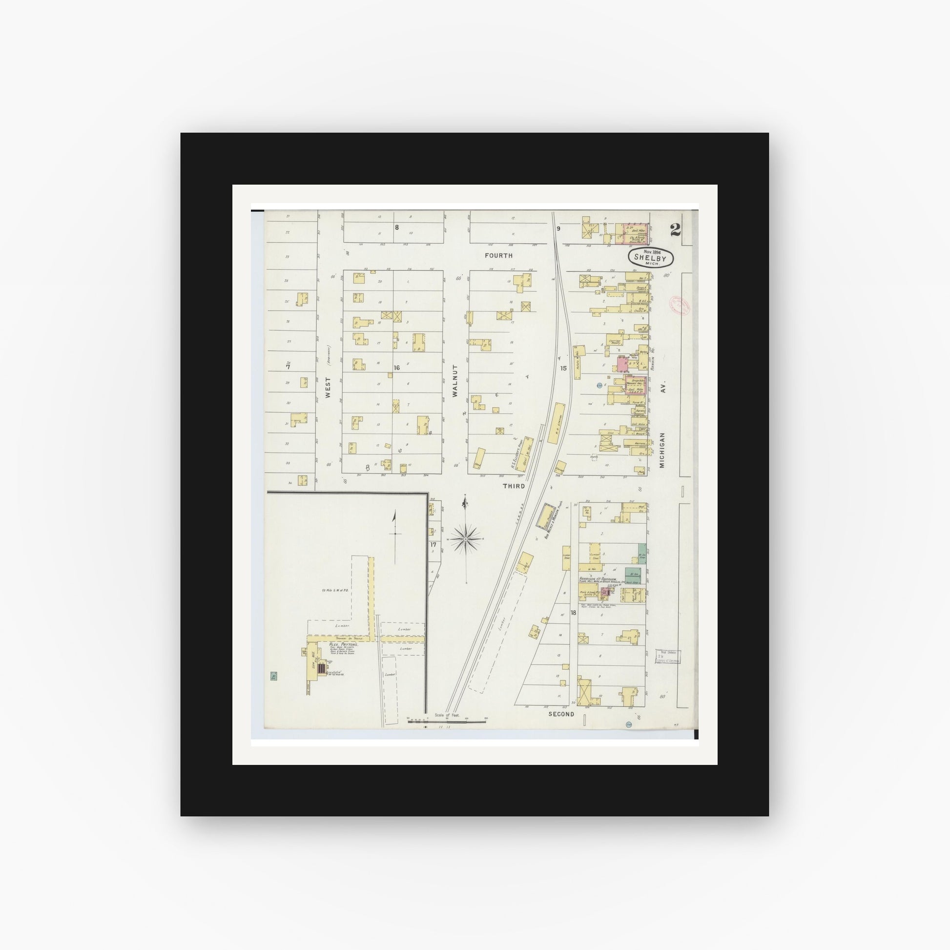 Old map wall art mockup — black gallery frame with white mat — Sanborn Fire Insurance Map from Shelby, Oceana County, Michigan (1894), Sheet #0002