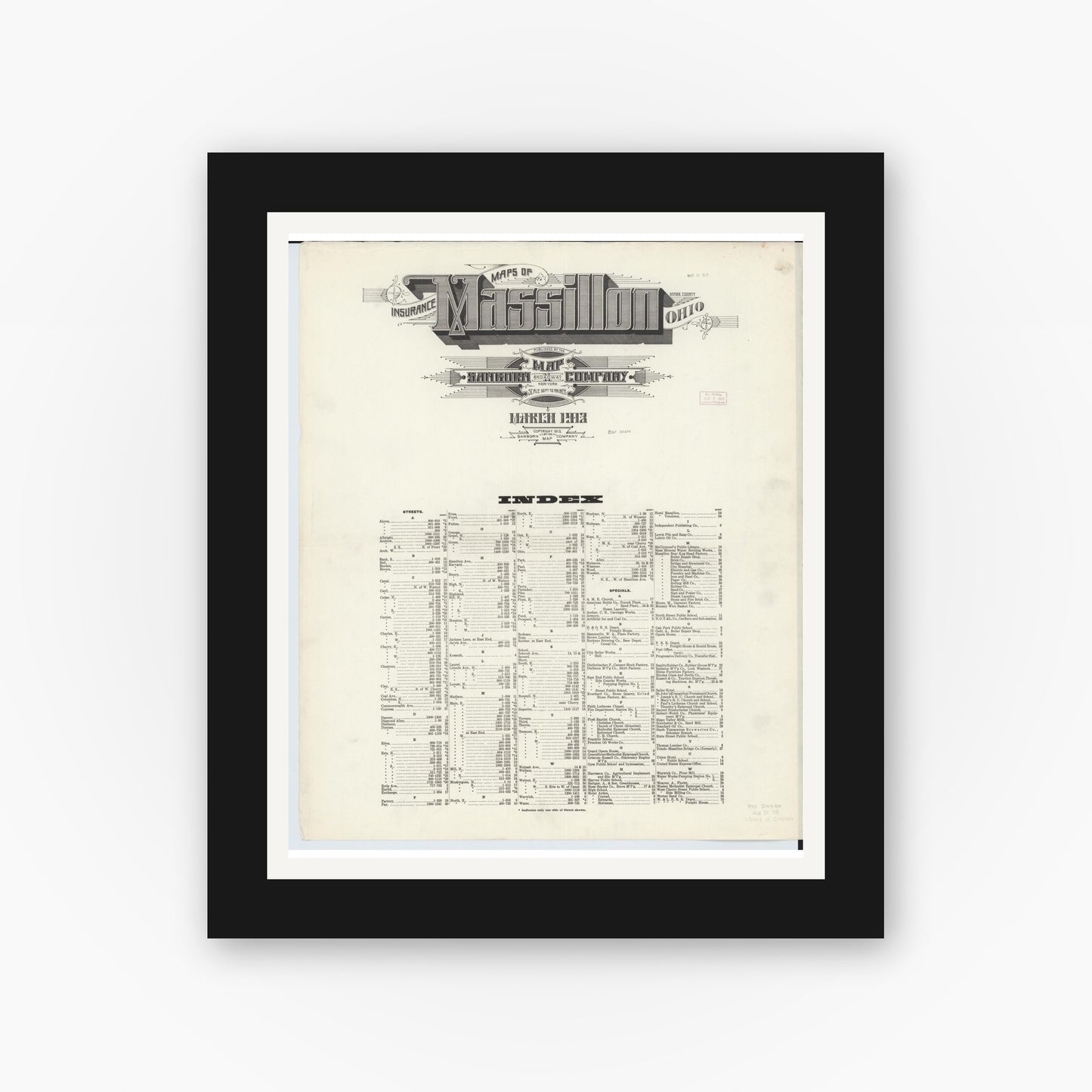Old map wall art mockup — black gallery frame with white mat — Sanborn Fire Insurance Map from Massillon, Stark County, Ohio (1913), Sheet #0001