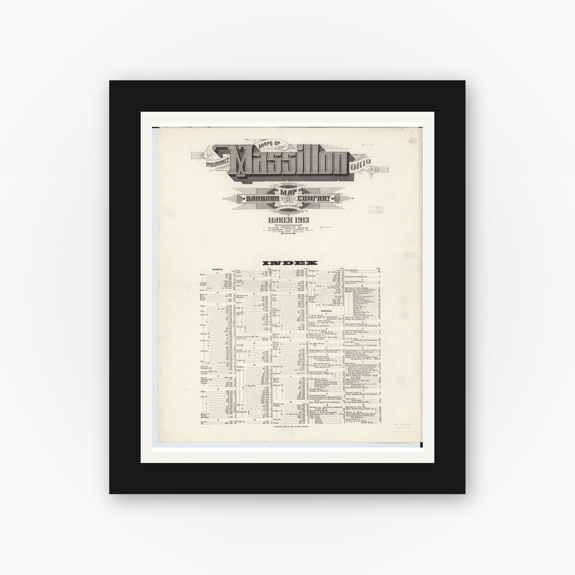 Old map wall art mockup — black gallery frame with white mat — Sanborn Fire Insurance Map from Massillon, Stark County, Ohio (1913), Sheet #0001