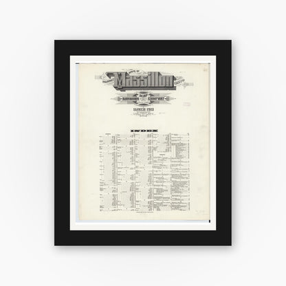 Old map wall art mockup — black gallery frame with white mat — Sanborn Fire Insurance Map from Massillon, Stark County, Ohio (1913), Sheet #0001