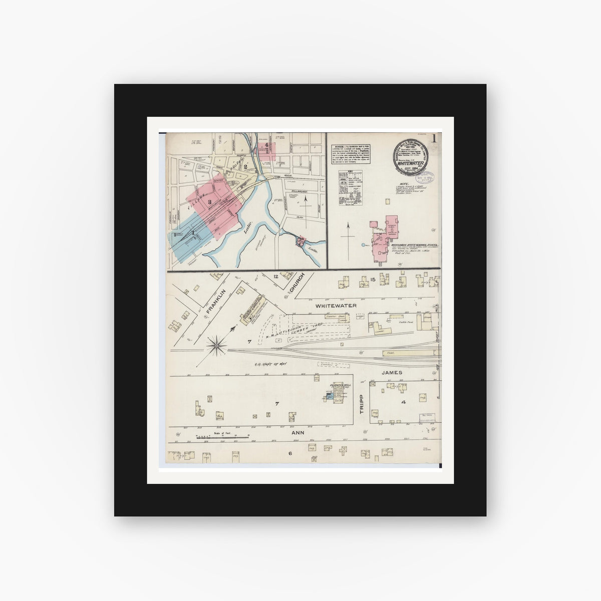 Old map wall art mockup — black gallery frame with white mat — Sanborn Fire Insurance Map from Whitewater, Walworth County, Wisconsin (1884) - Complete Map Set