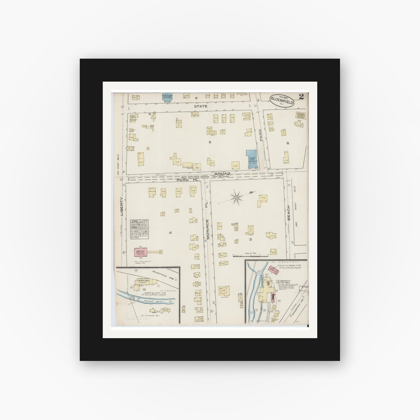 Old map wall art mockup — black gallery frame with white mat — Sanborn Fire Insurance Map from Bloomfield, Essex County, New Jersey (1885), Sheet #0002