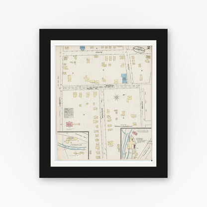 Old map wall art mockup — black gallery frame with white mat — Sanborn Fire Insurance Map from Bloomfield, Essex County, New Jersey (1885), Sheet #0002
