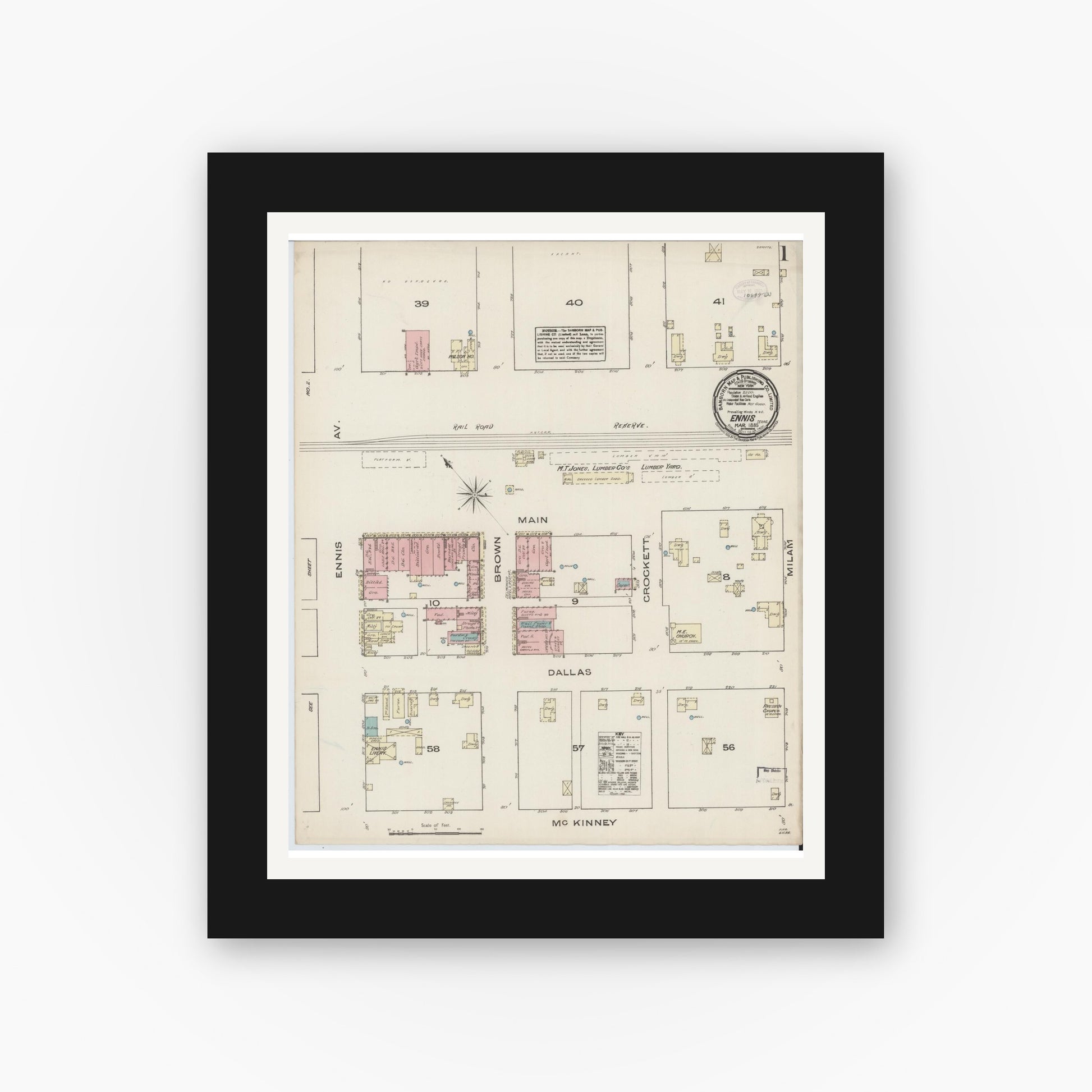 Old map wall art mockup — black gallery frame with white mat — Sanborn Fire Insurance Map from Ennis, Ellis County, Texas (1885) - Complete Map Set