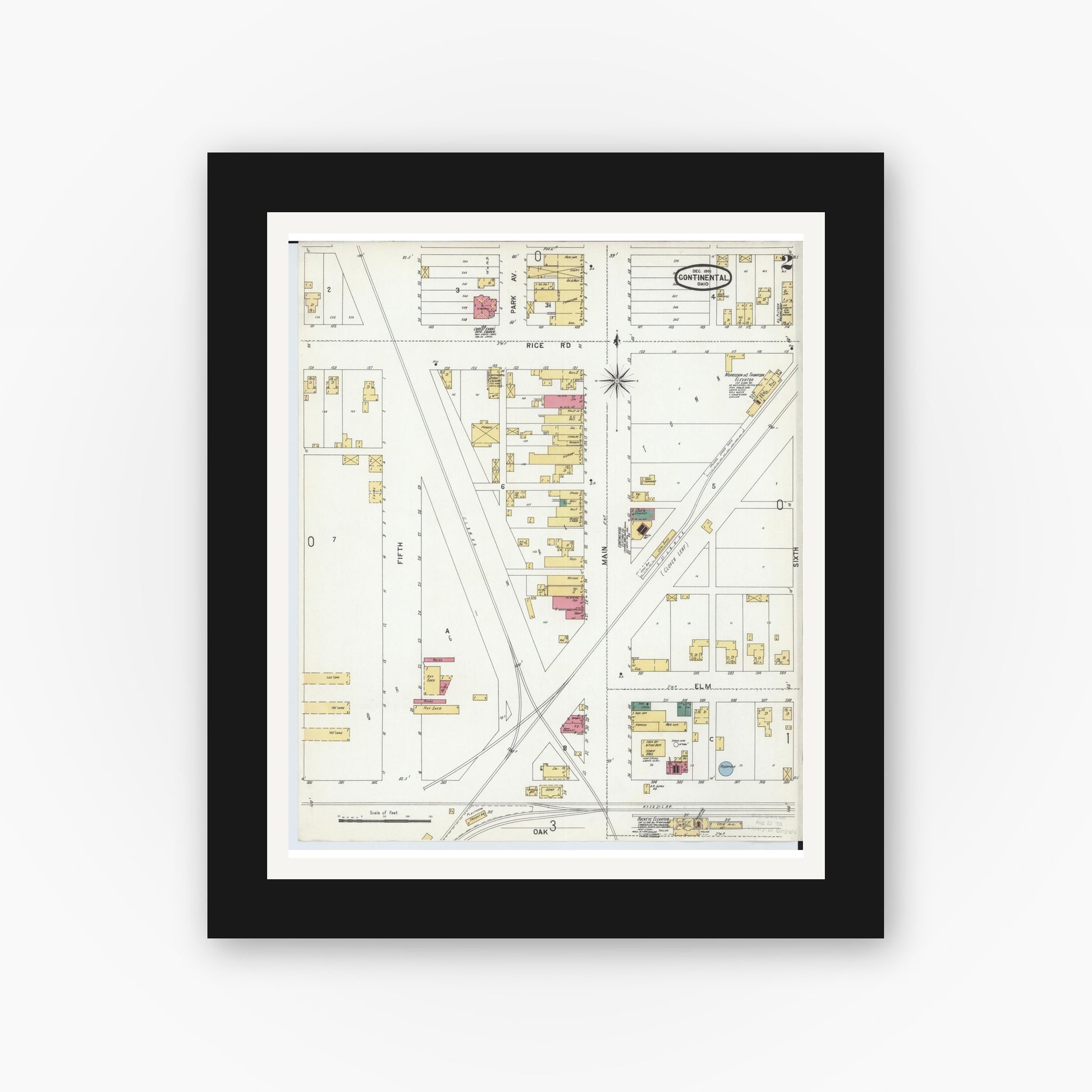 Old map wall art mockup — black gallery frame with white mat — Sanborn Fire Insurance Map from Continental, Putnam County, Ohio (1901), Sheet #0002