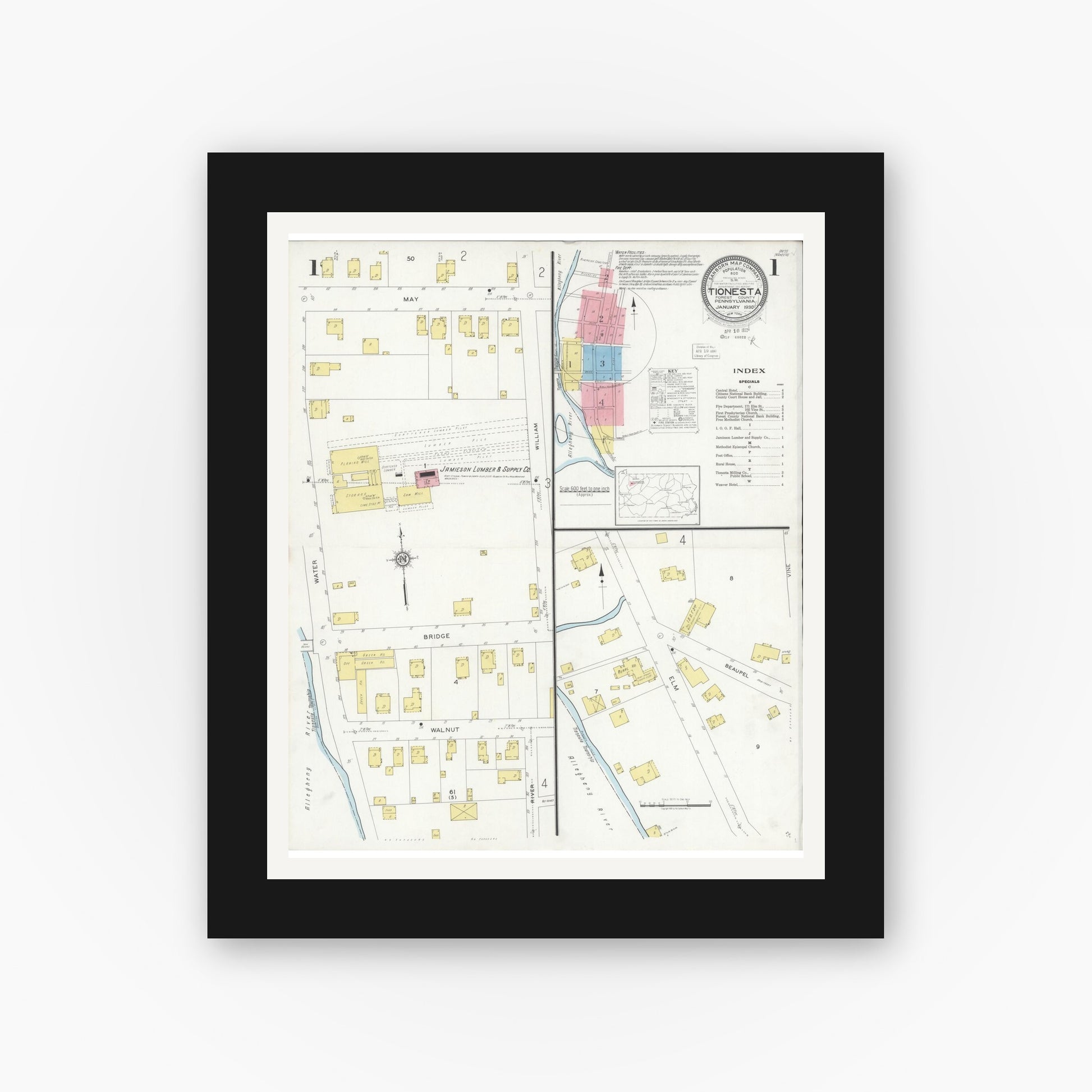Old map wall art mockup — black gallery frame with white mat — Sanborn Fire Insurance Map from Tionesta, Forest County, Pennsylvania (1930), Sheet #0001